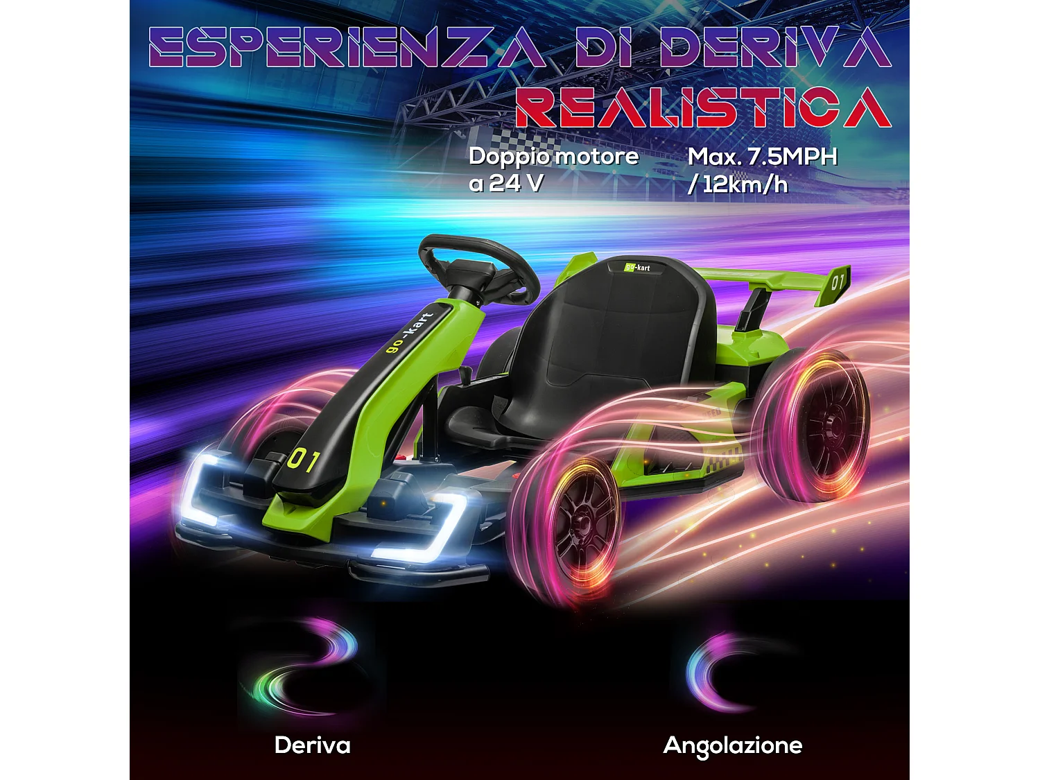 Go kart elettrico per bambini 6-12 anni con sedile regolabile verde