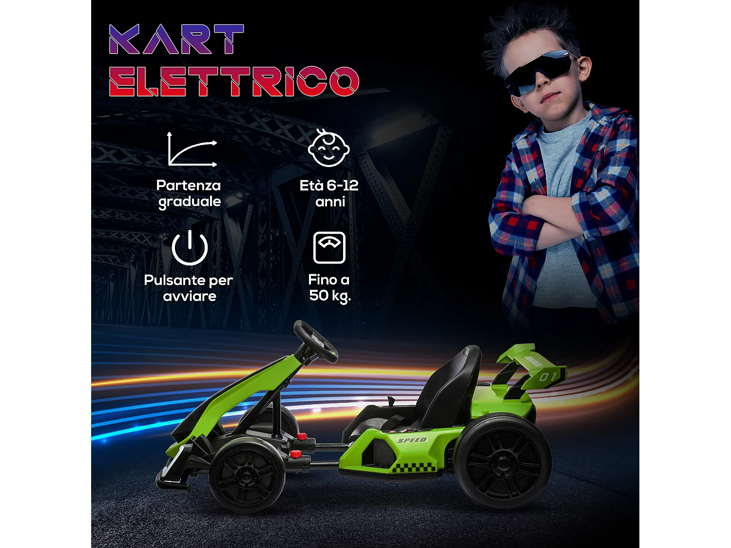 Go kart elettrico per bambini 6-12 anni con sedile regolabile verde