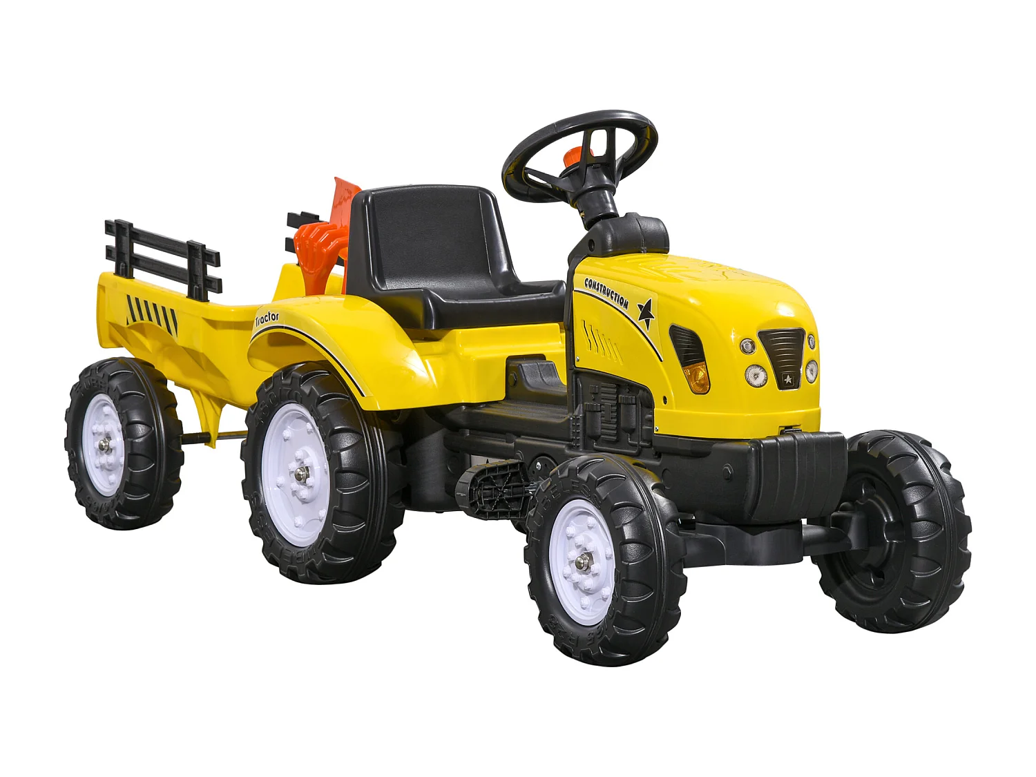 Trattore a pedali per bambini da 3 anni con rimorchio pala e rastrello