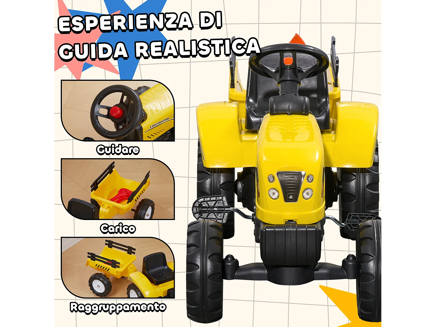 Trattore a pedali per bambini da 3 anni con rimorchio pala e rastrello