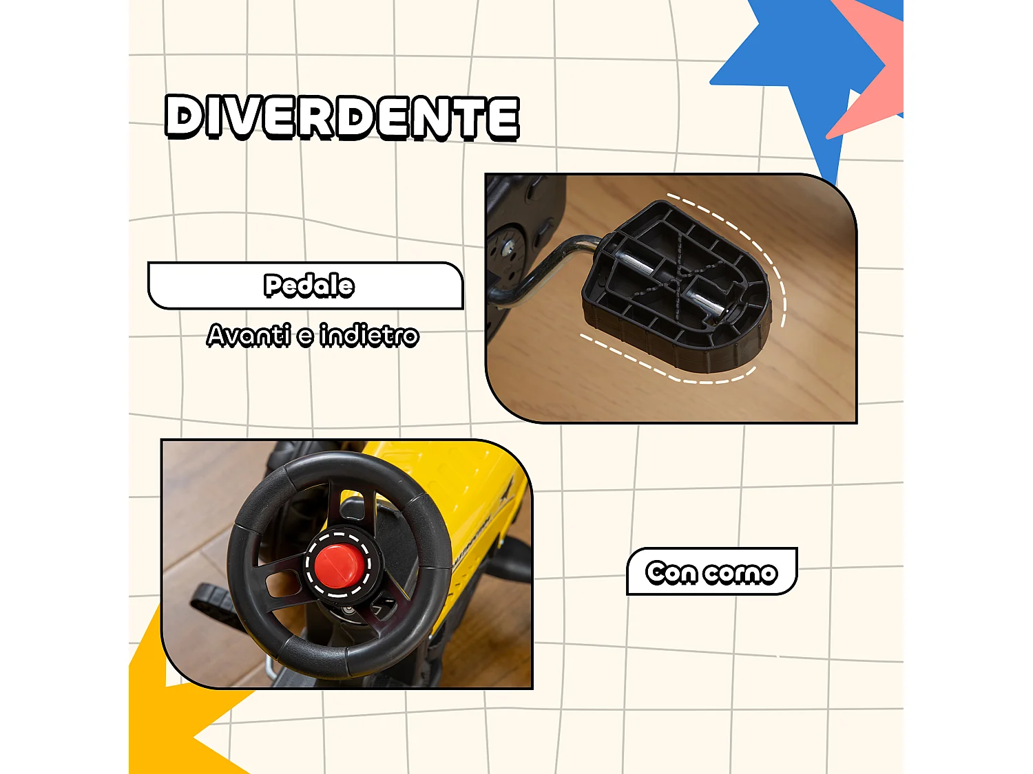 Trattore a pedali per bambini da 3 anni con rimorchio pala e rastrello