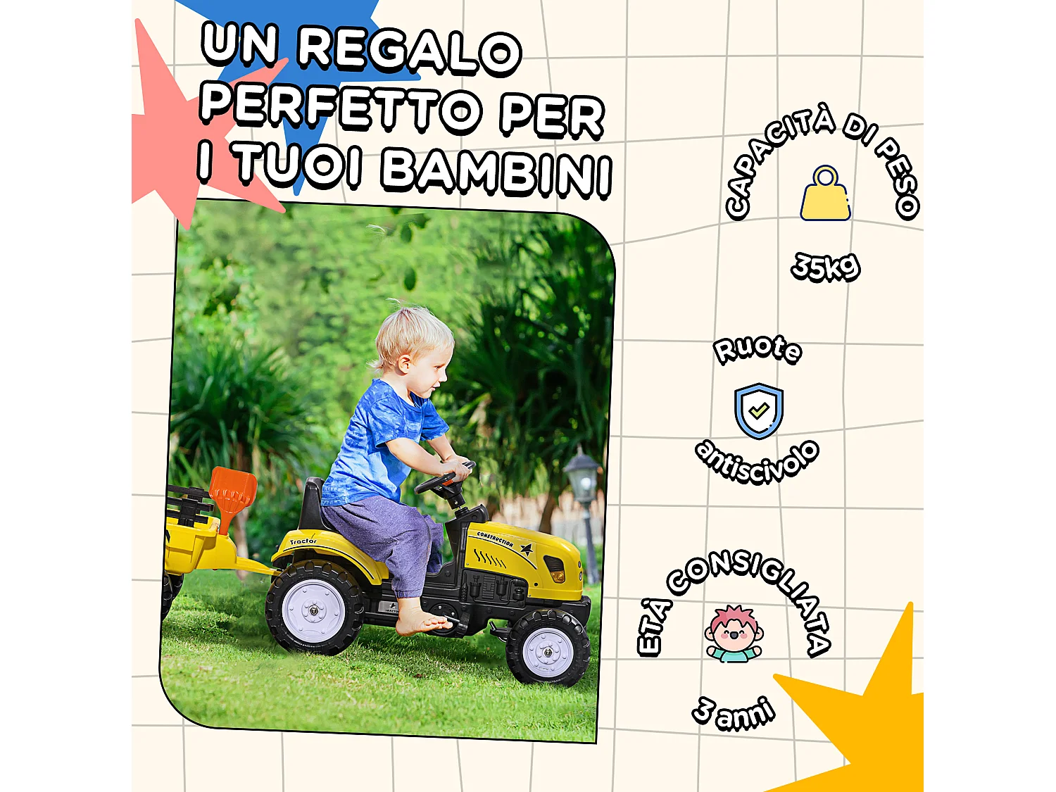 Trattore a pedali per bambini da 3 anni con rimorchio pala e rastrello