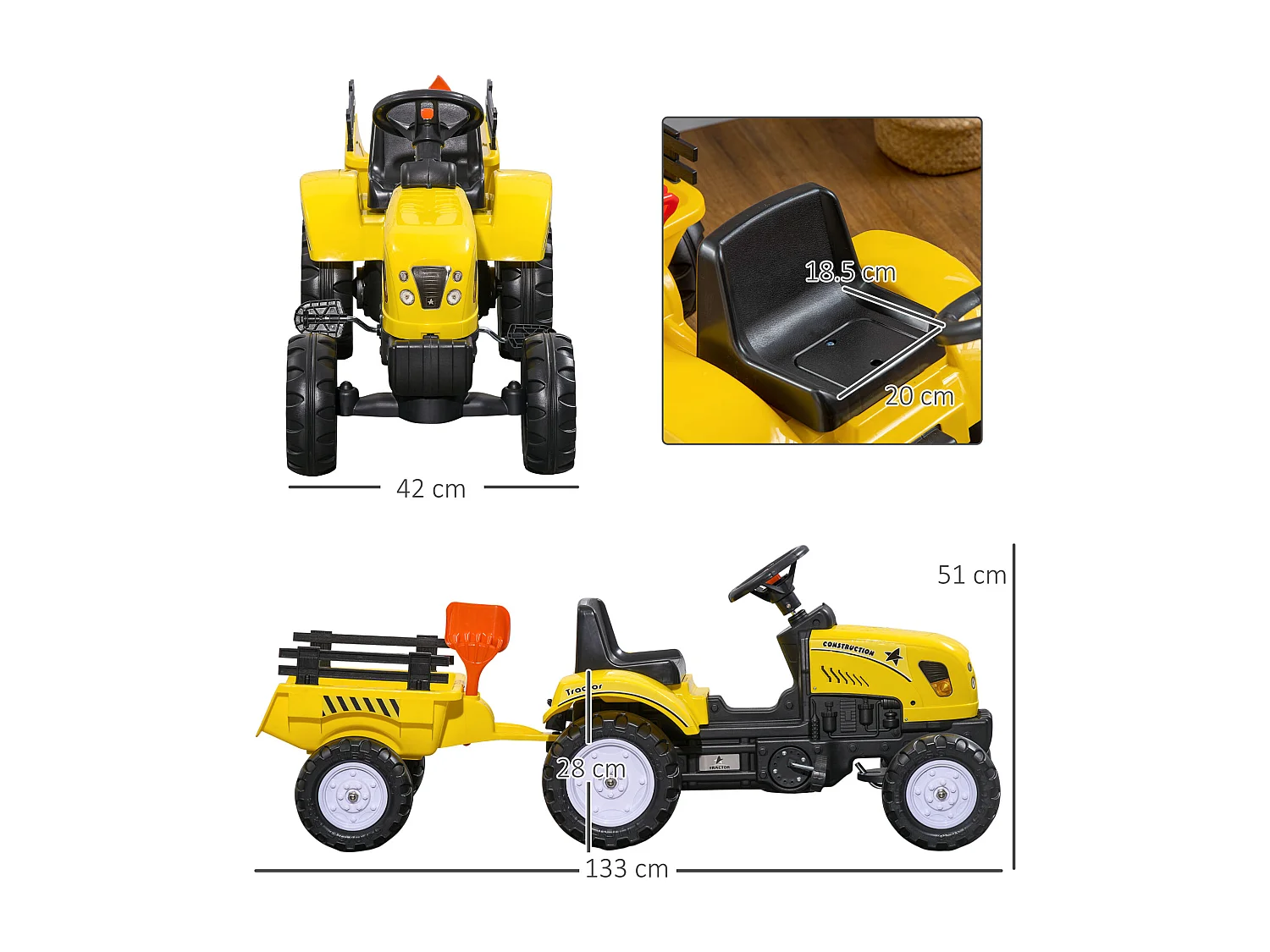 Trattore a pedali per bambini da 3 anni con rimorchio pala e rastrello