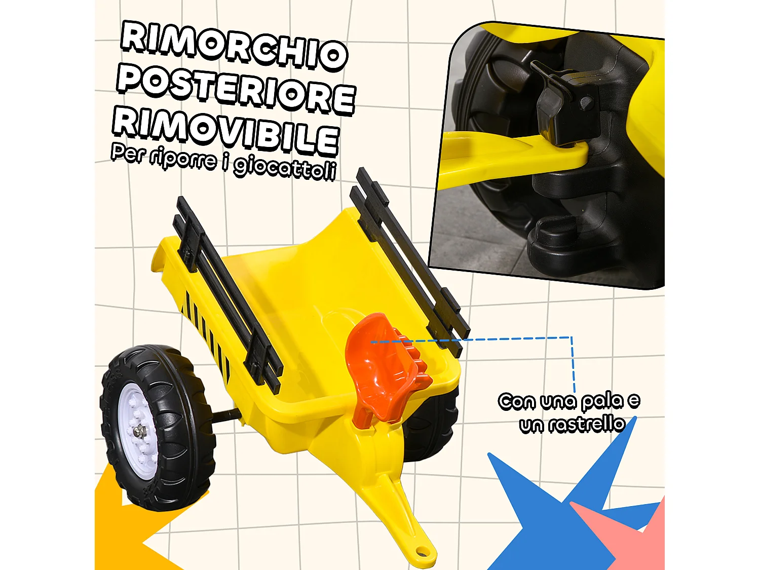 Trattore a pedali per bambini da 3 anni con rimorchio pala e rastrello