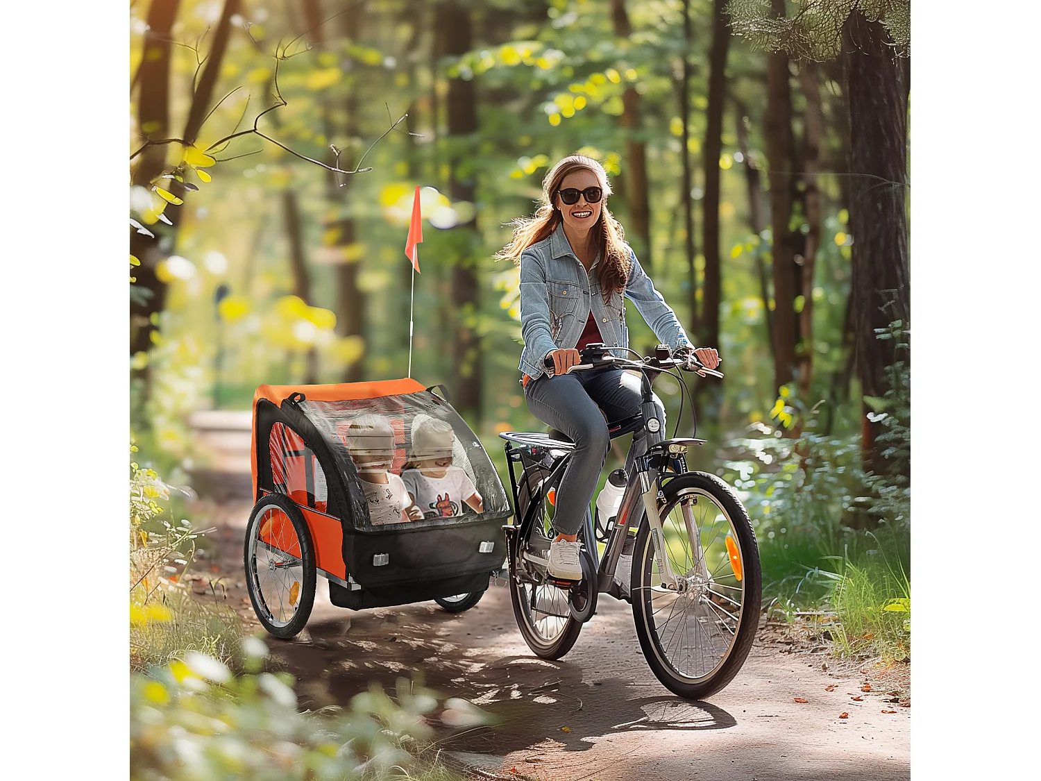 Rimorchio bici bambini a 2 posti in acciaio e tessuto oxford arancione