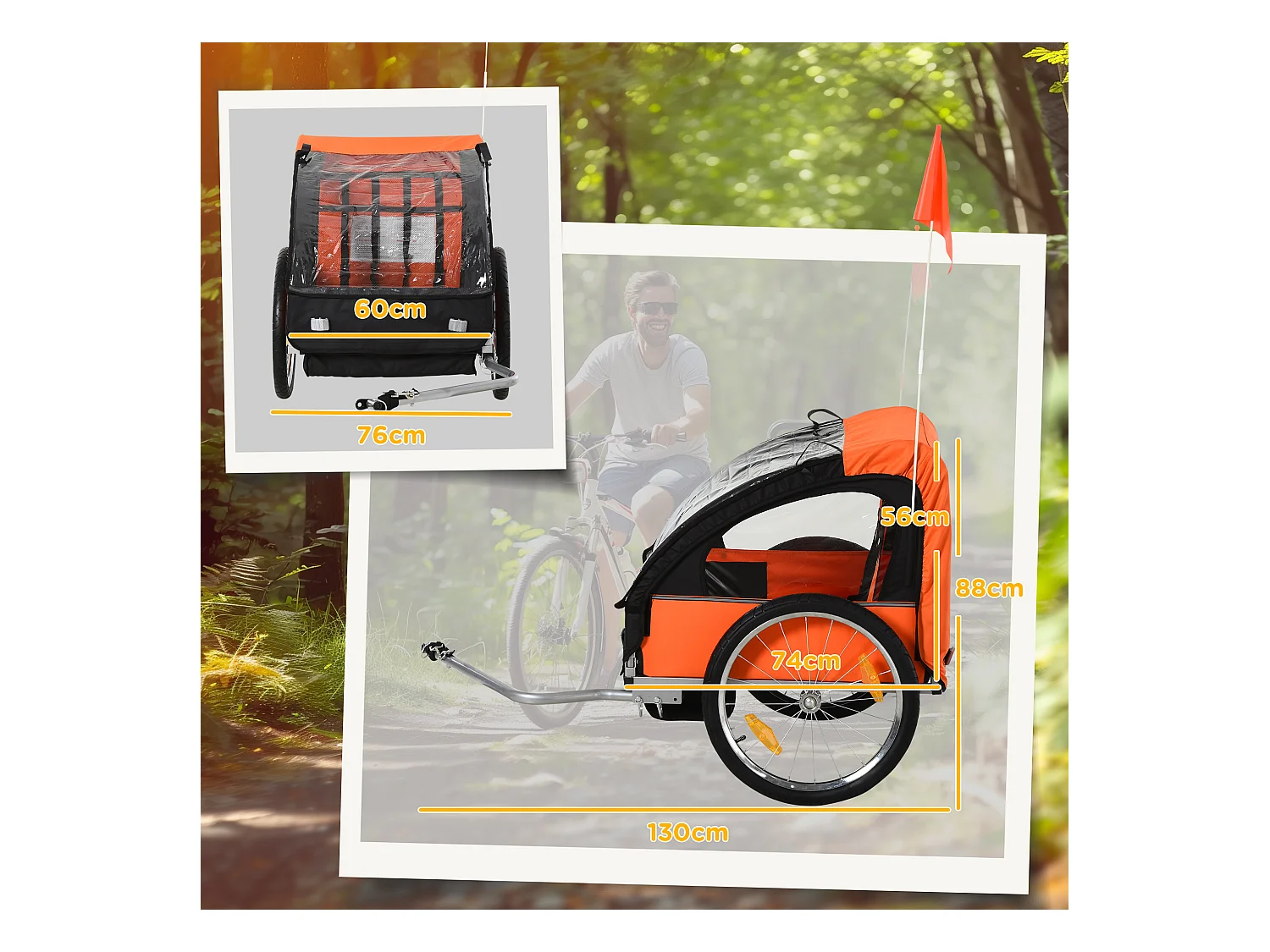 Rimorchio bici bambini a 2 posti in acciaio e tessuto oxford arancione