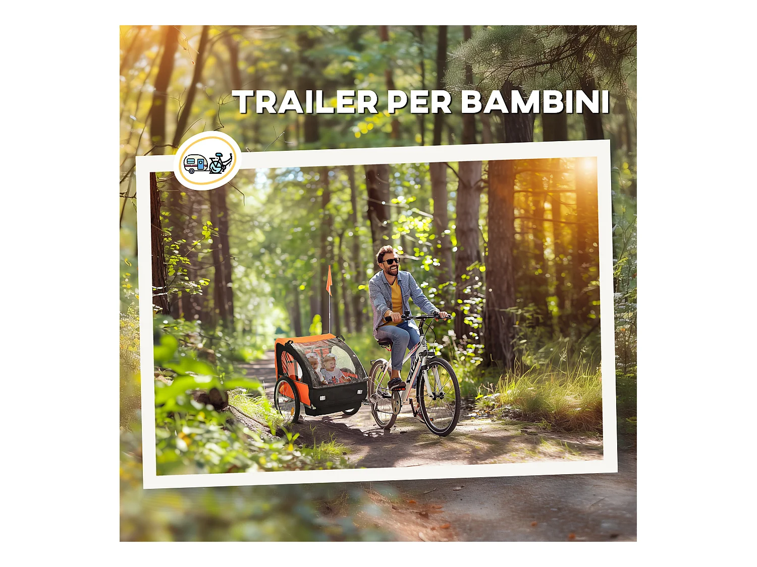 Rimorchio bici bambini a 2 posti in acciaio e tessuto oxford arancione