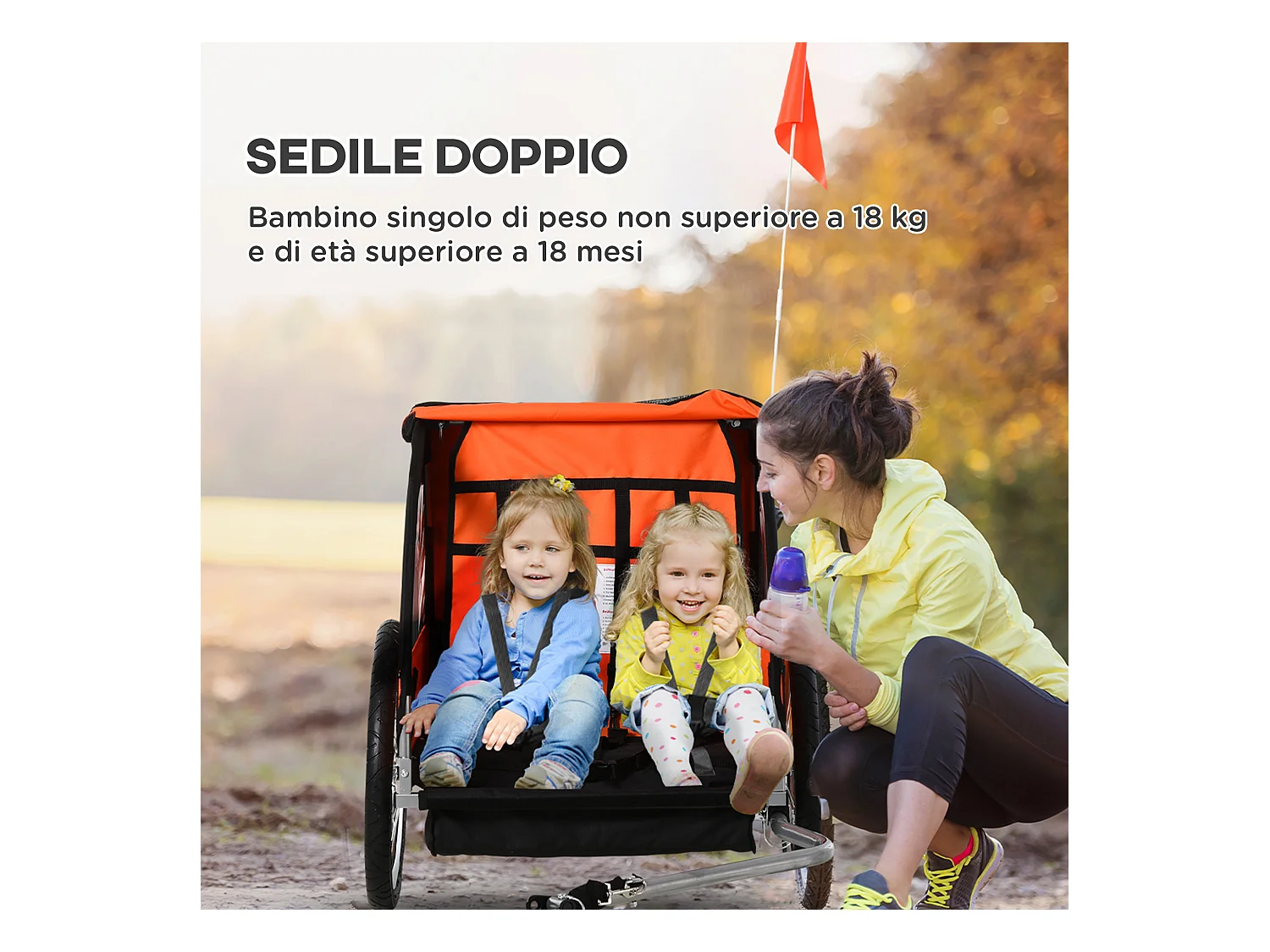 Rimorchio bici bambini a 2 posti in acciaio e tessuto oxford arancione