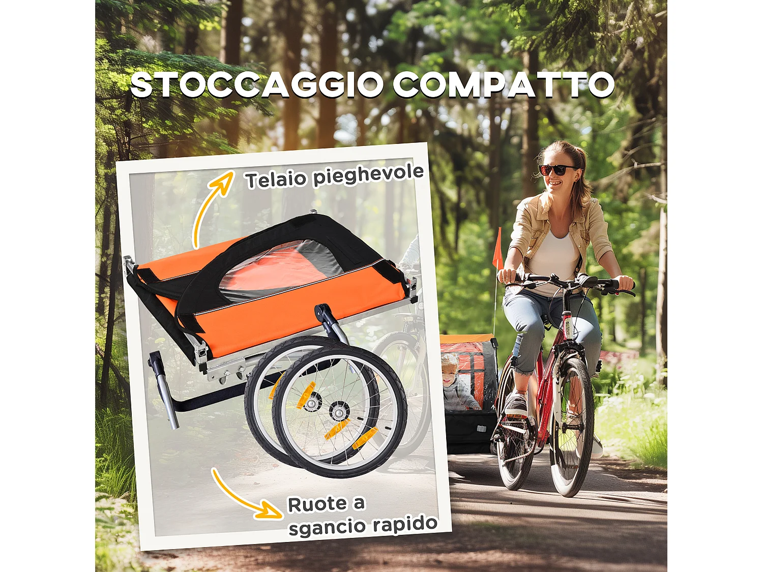 Rimorchio bici bambini a 2 posti in acciaio e tessuto oxford arancione