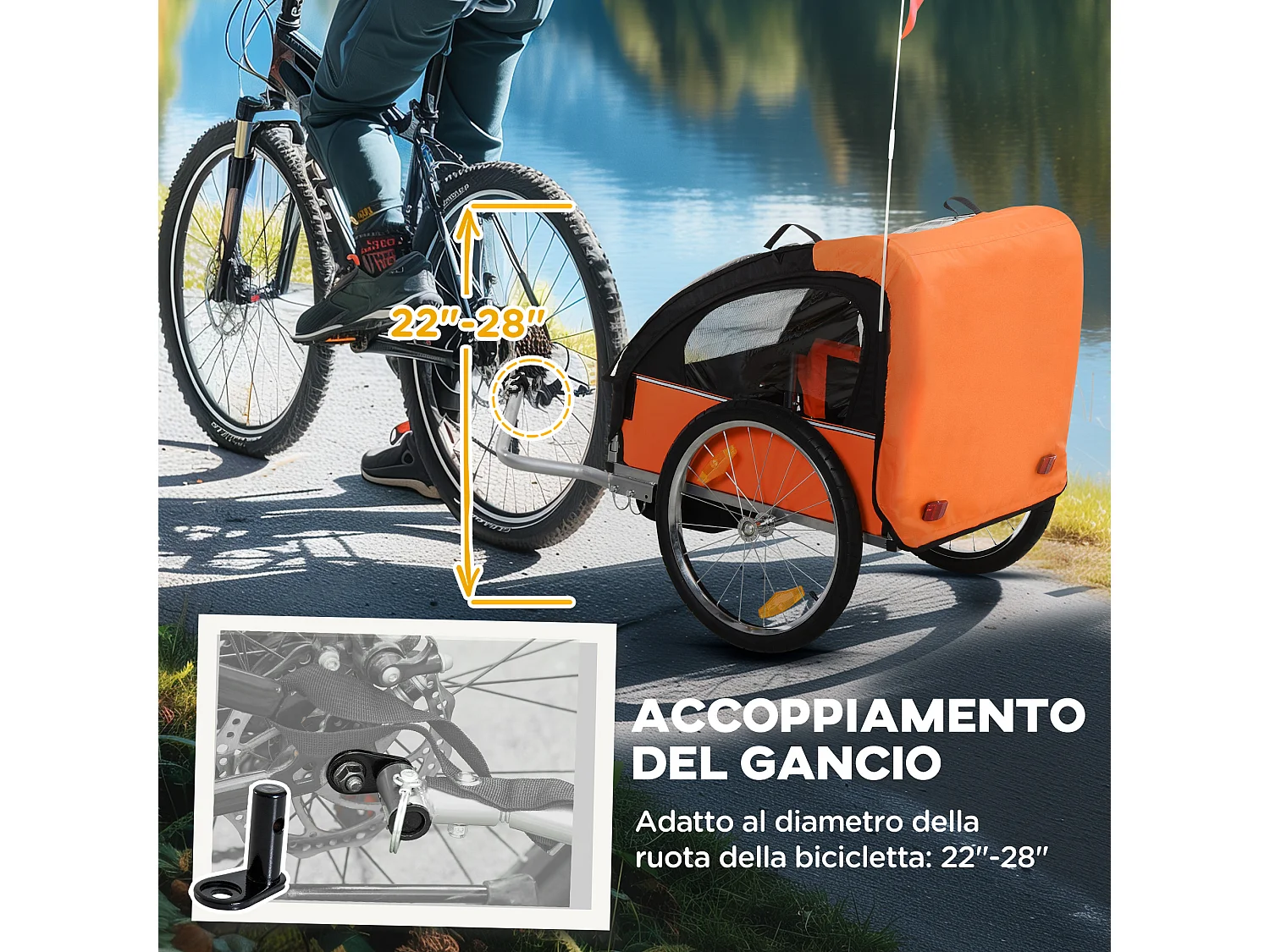 Rimorchio bici bambini a 2 posti in acciaio e tessuto oxford arancione