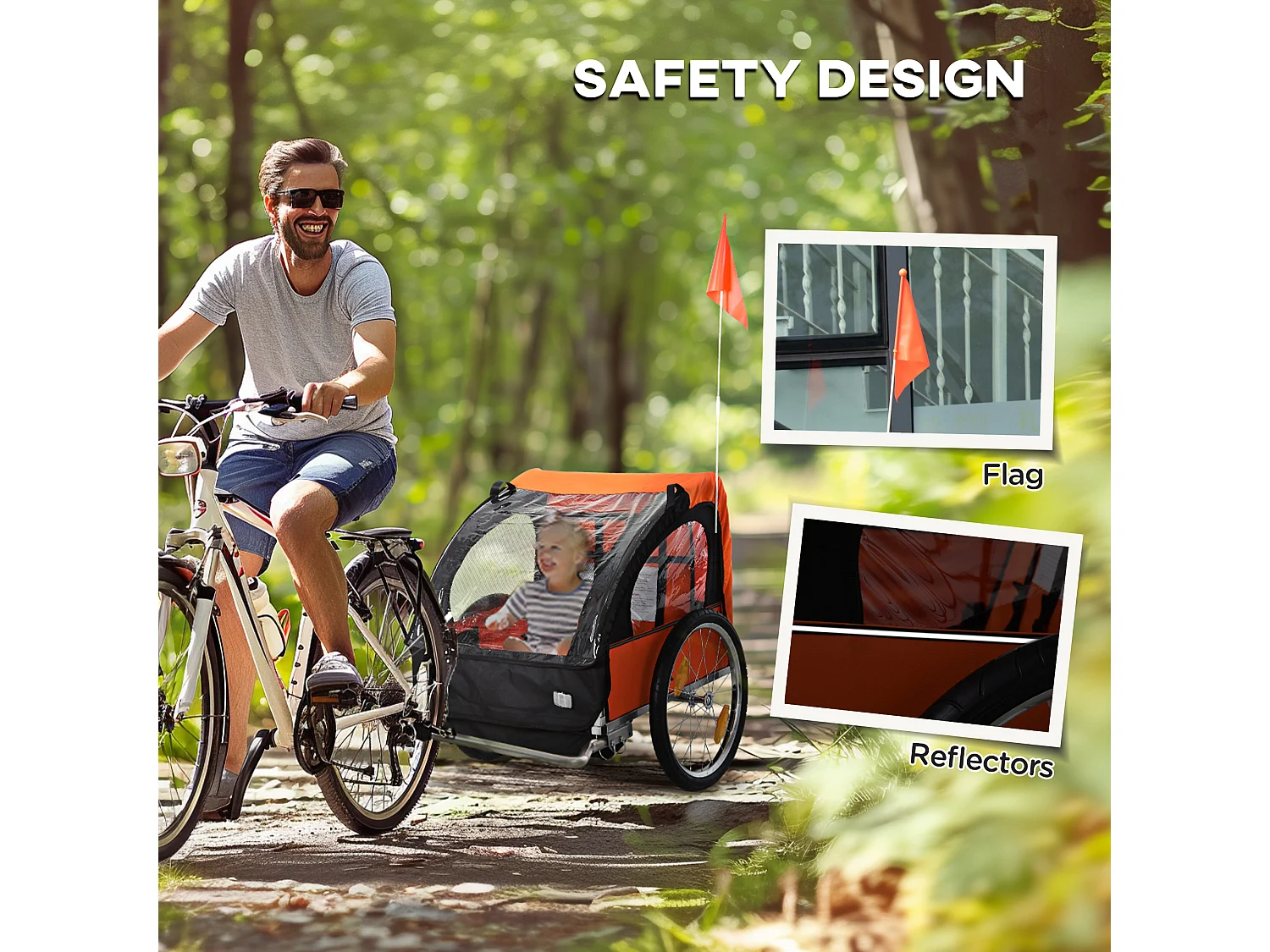 Rimorchio bici bambini a 2 posti in acciaio e tessuto oxford arancione