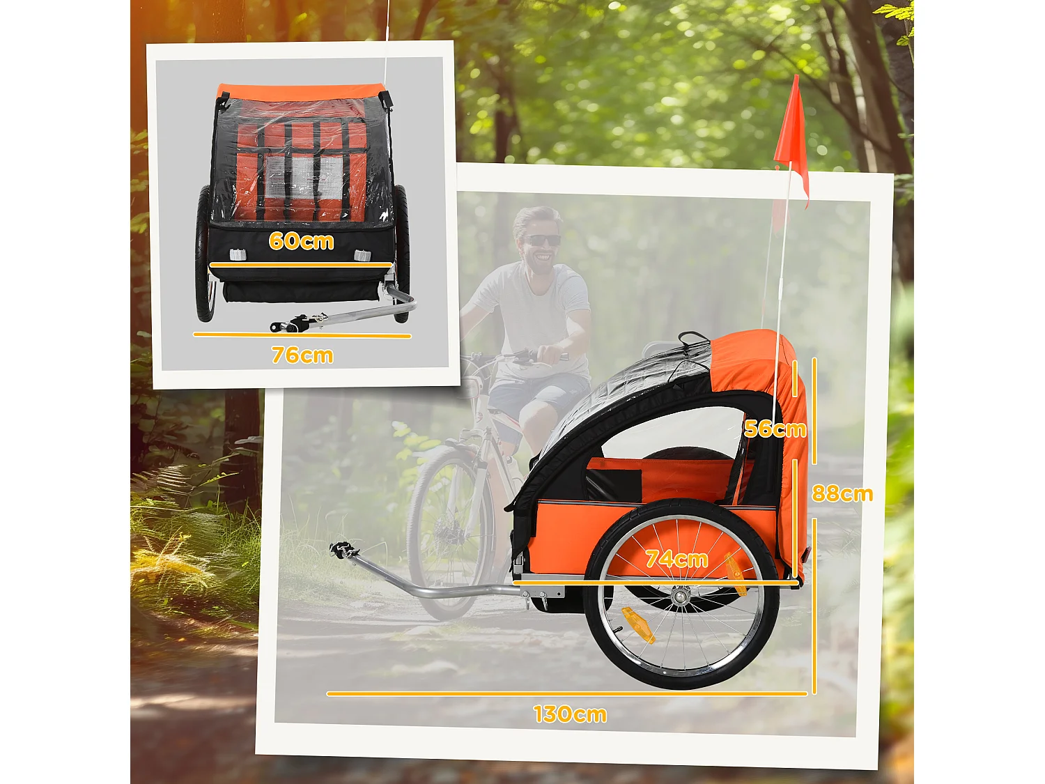 Rimorchio bici bambini a 2 posti in acciaio e tessuto oxford arancione