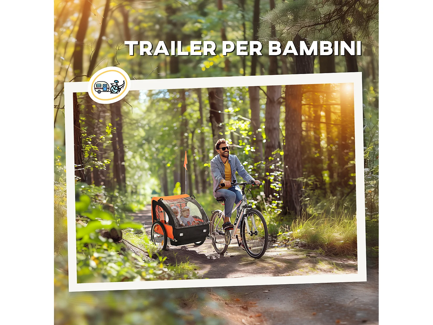 Rimorchio bici bambini a 2 posti in acciaio e tessuto oxford arancione