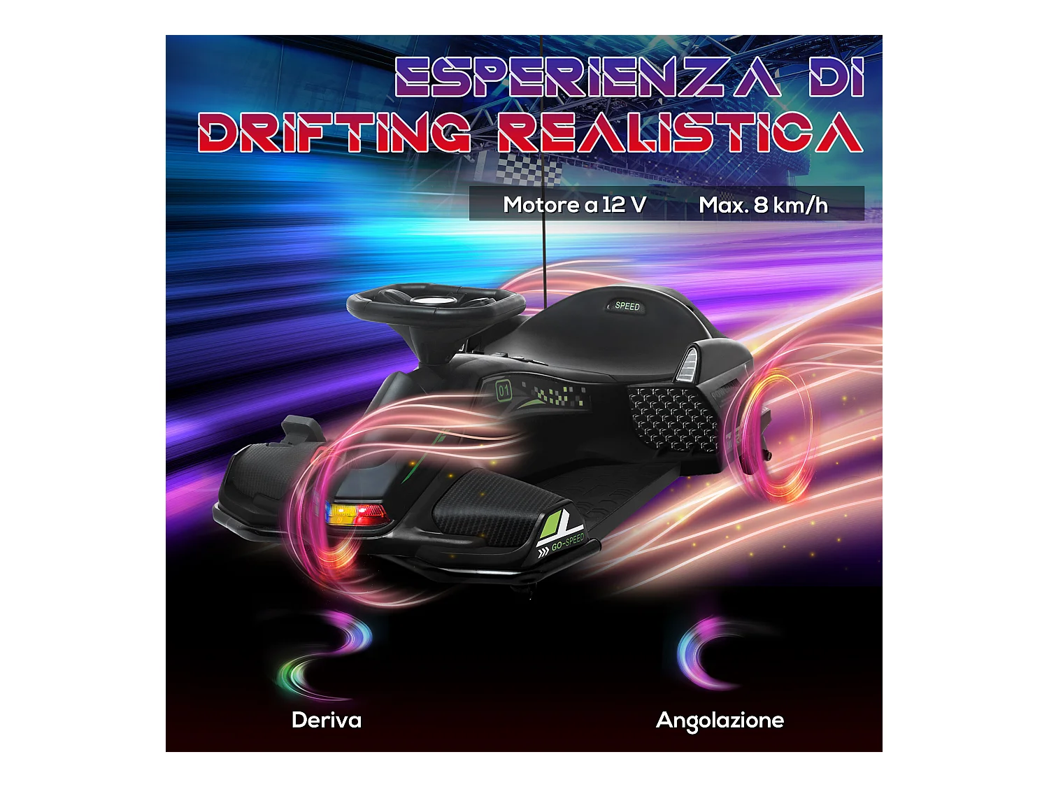 Go kart elettrico drift per bambini 8-12 anni velocità 3-8 km/h nero