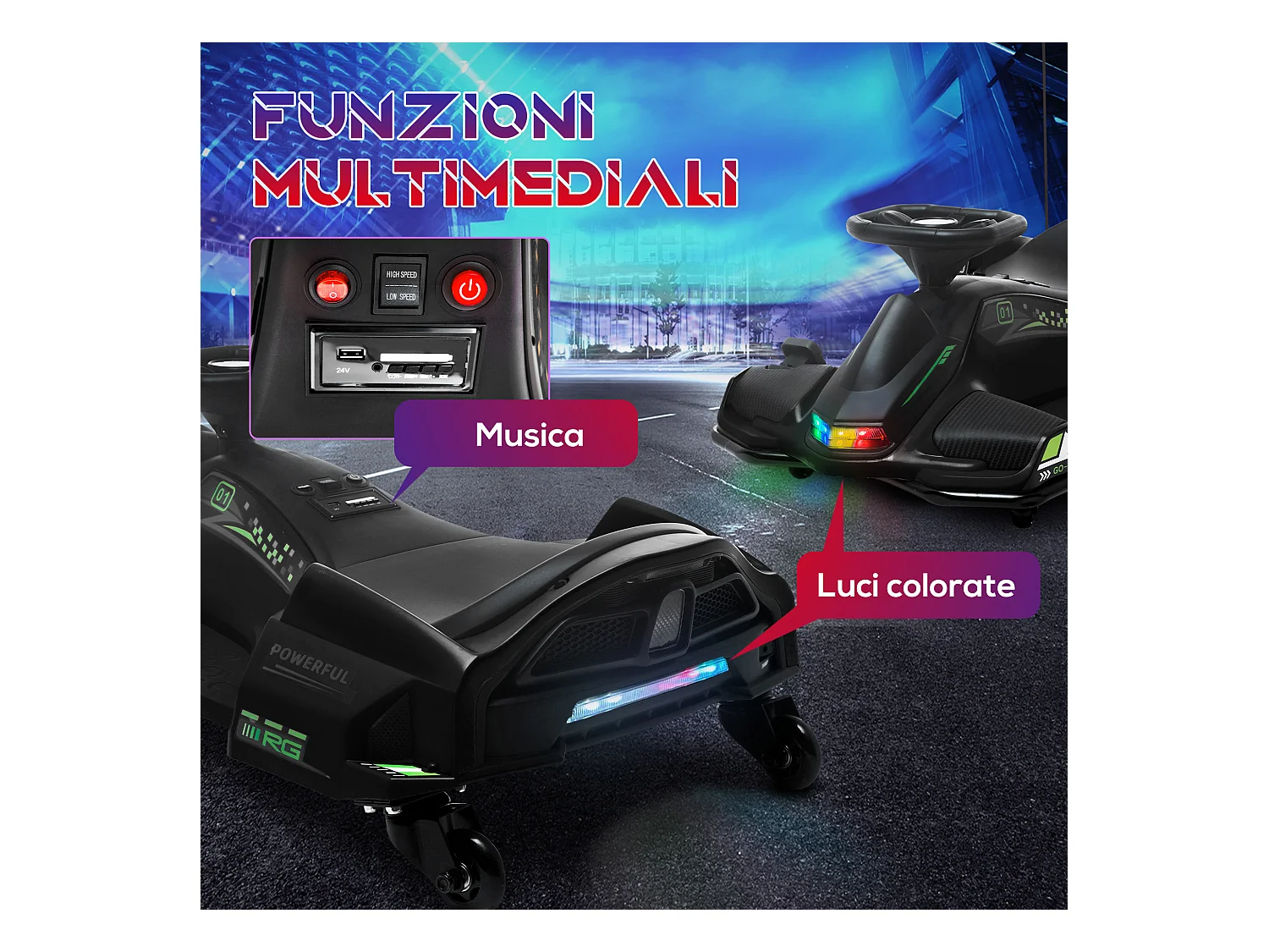 Go kart elettrico drift per bambini 8-12 anni velocità 3-8 km/h nero