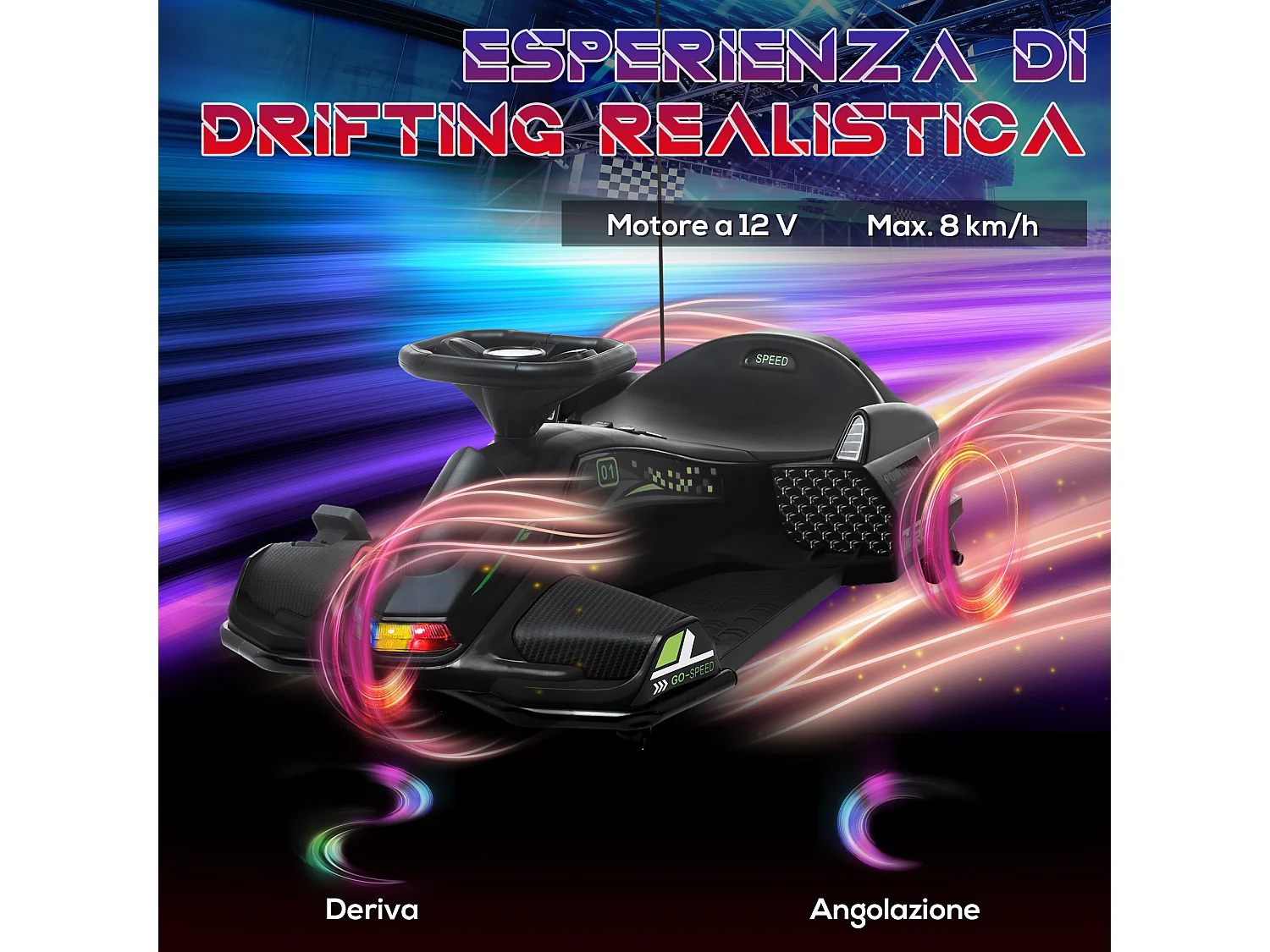 Go kart elettrico drift per bambini 8-12 anni velocità 3-8 km/h nero