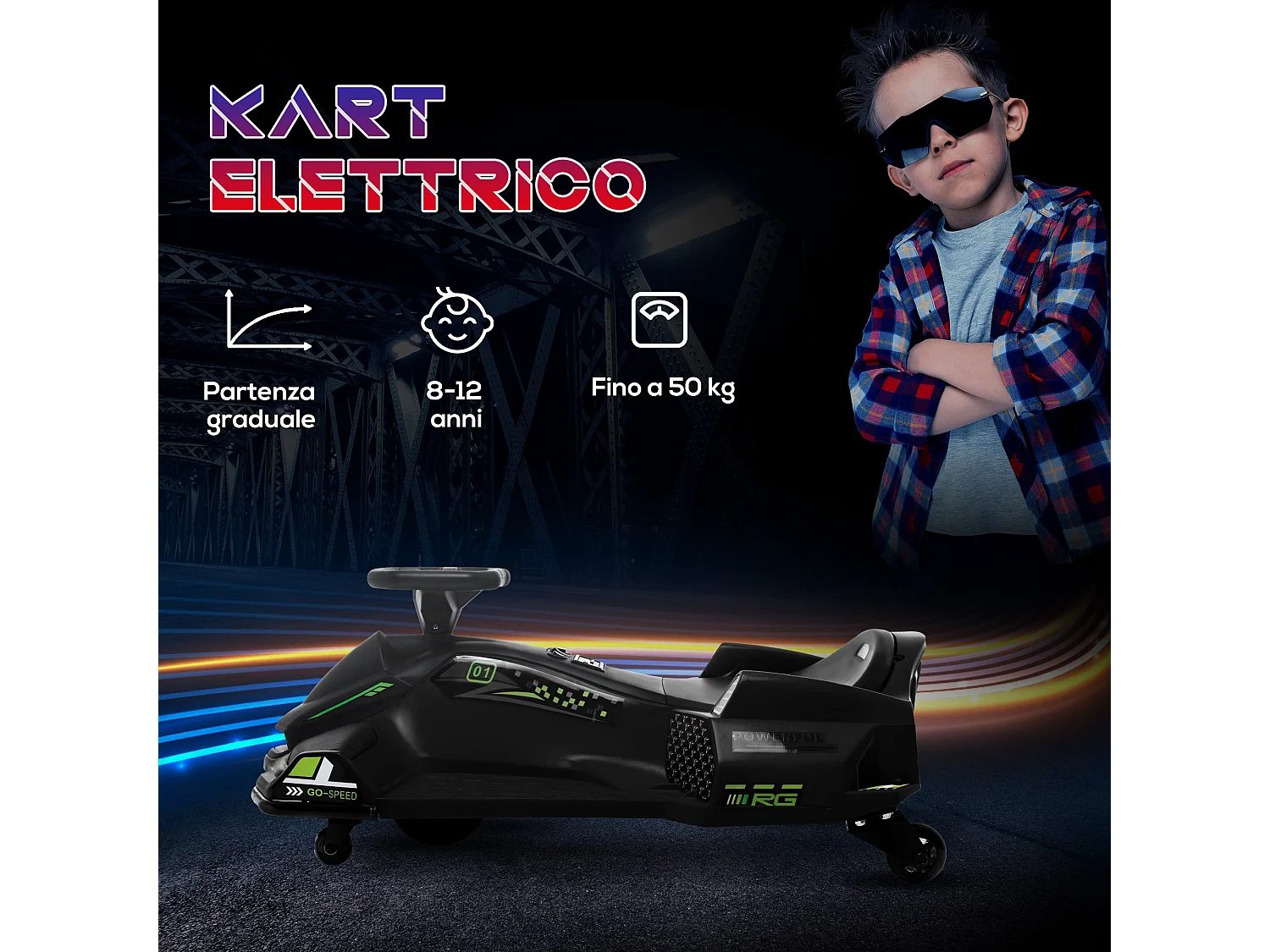 Go kart elettrico drift per bambini 8-12 anni velocità 3-8 km/h nero