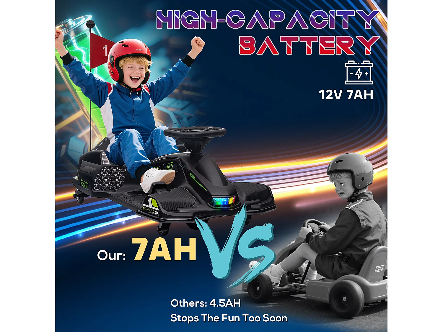 Go kart elettrico drift per bambini 8-12 anni velocità 3-8 km/h nero