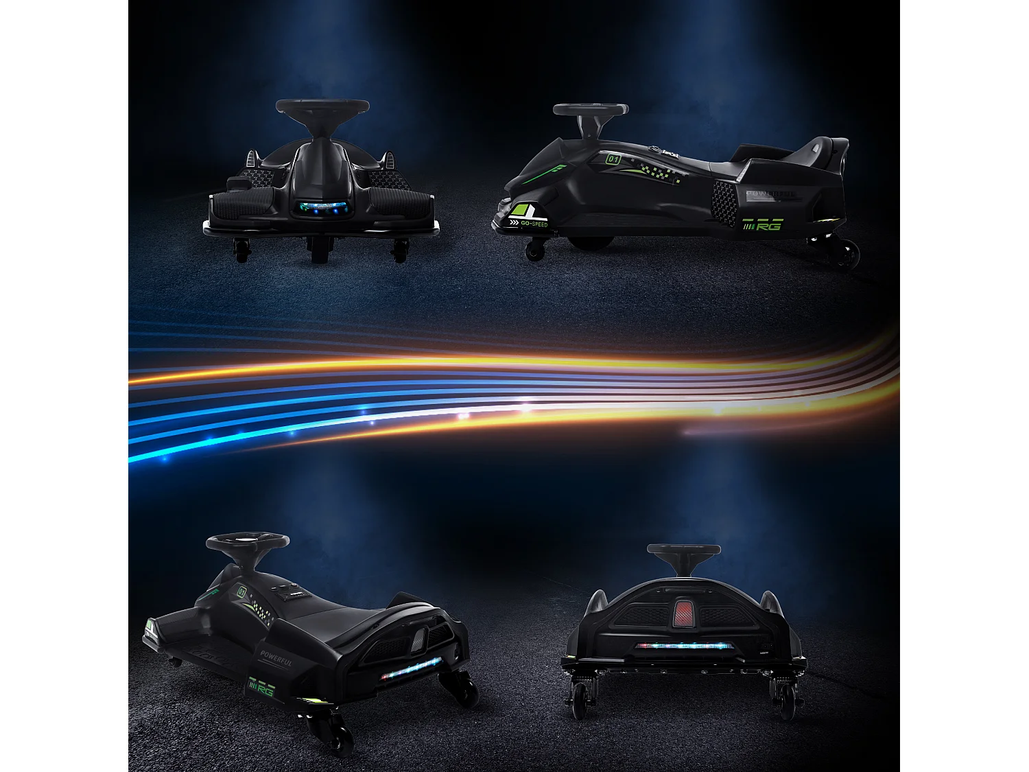 Go kart elettrico drift per bambini 8-12 anni velocità 3-8 km/h nero