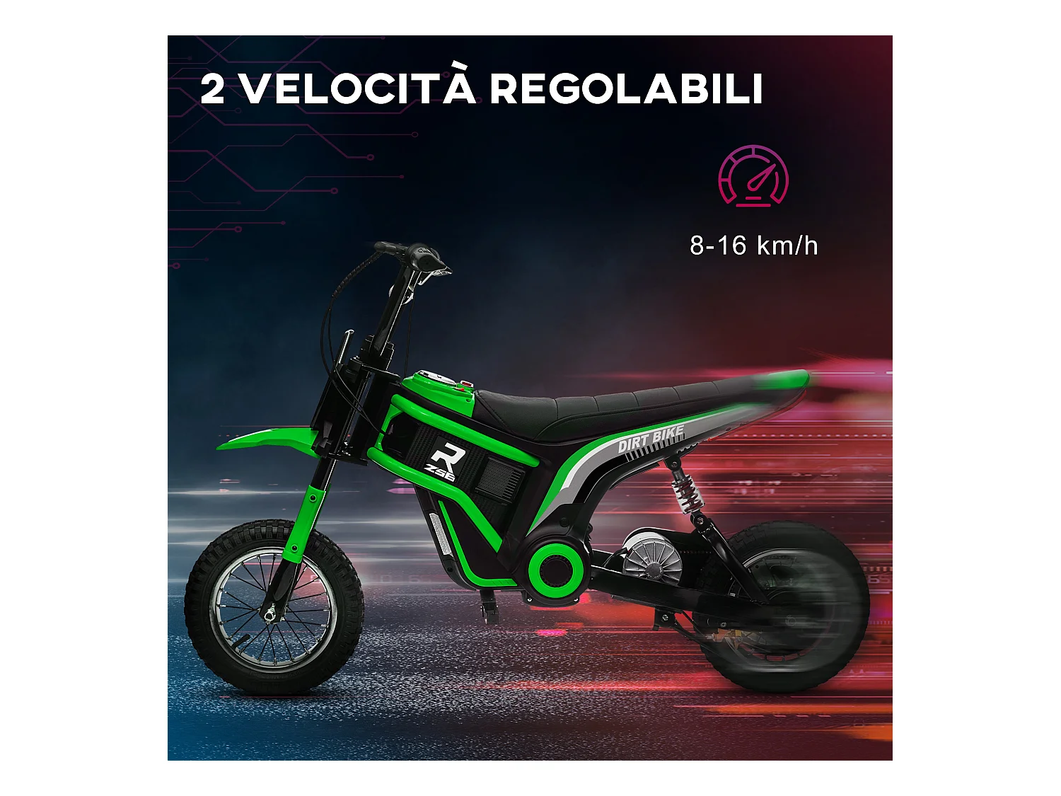 Moto elettrica per bambini 2 velocità 8-16km/h età 8-12 anni verde