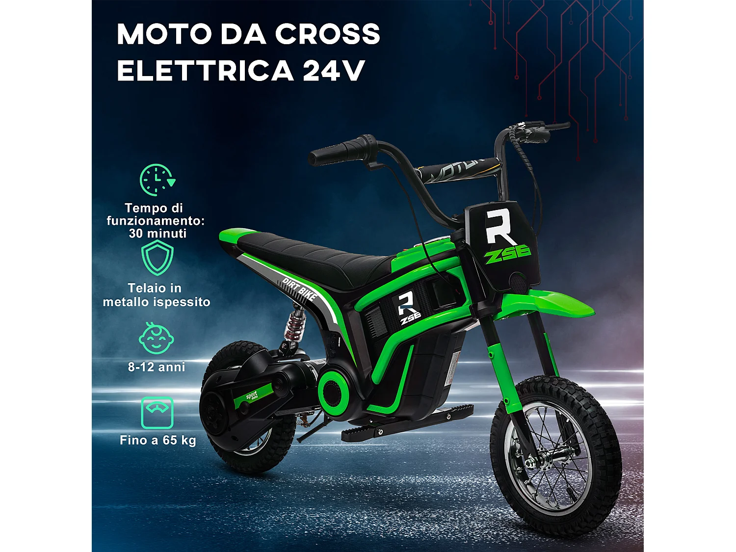 Moto elettrica per bambini 2 velocità 8-16km/h età 8-12 anni verde