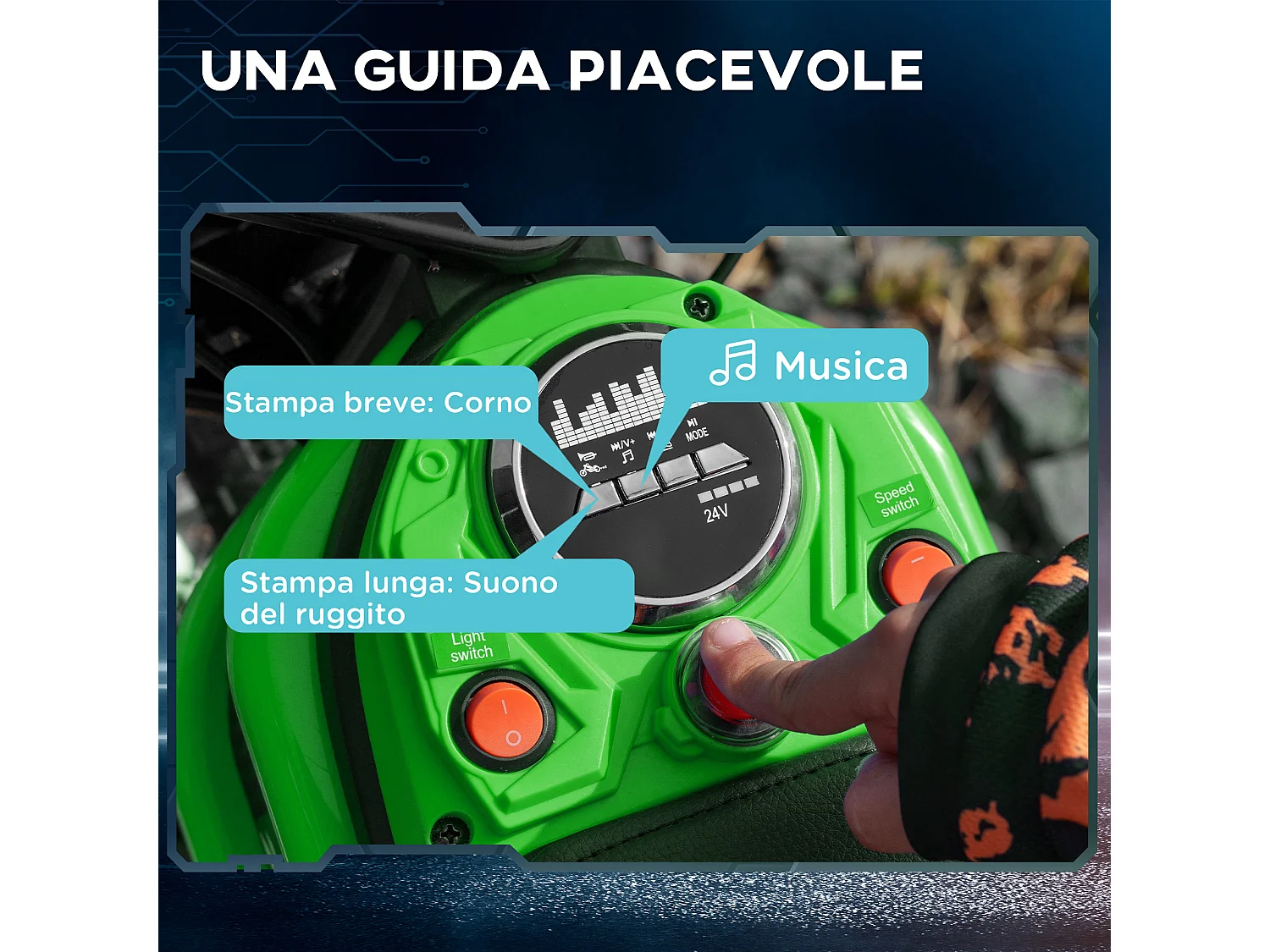 Moto elettrica per bambini 2 velocità 8-16km/h età 8-12 anni verde
