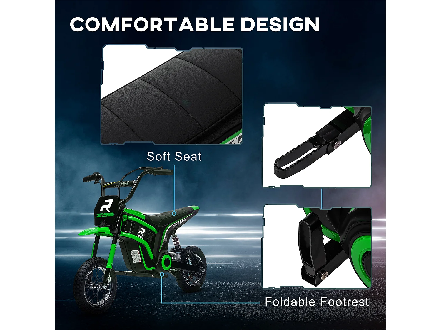 Moto elettrica per bambini 2 velocità 8-16km/h età 8-12 anni verde