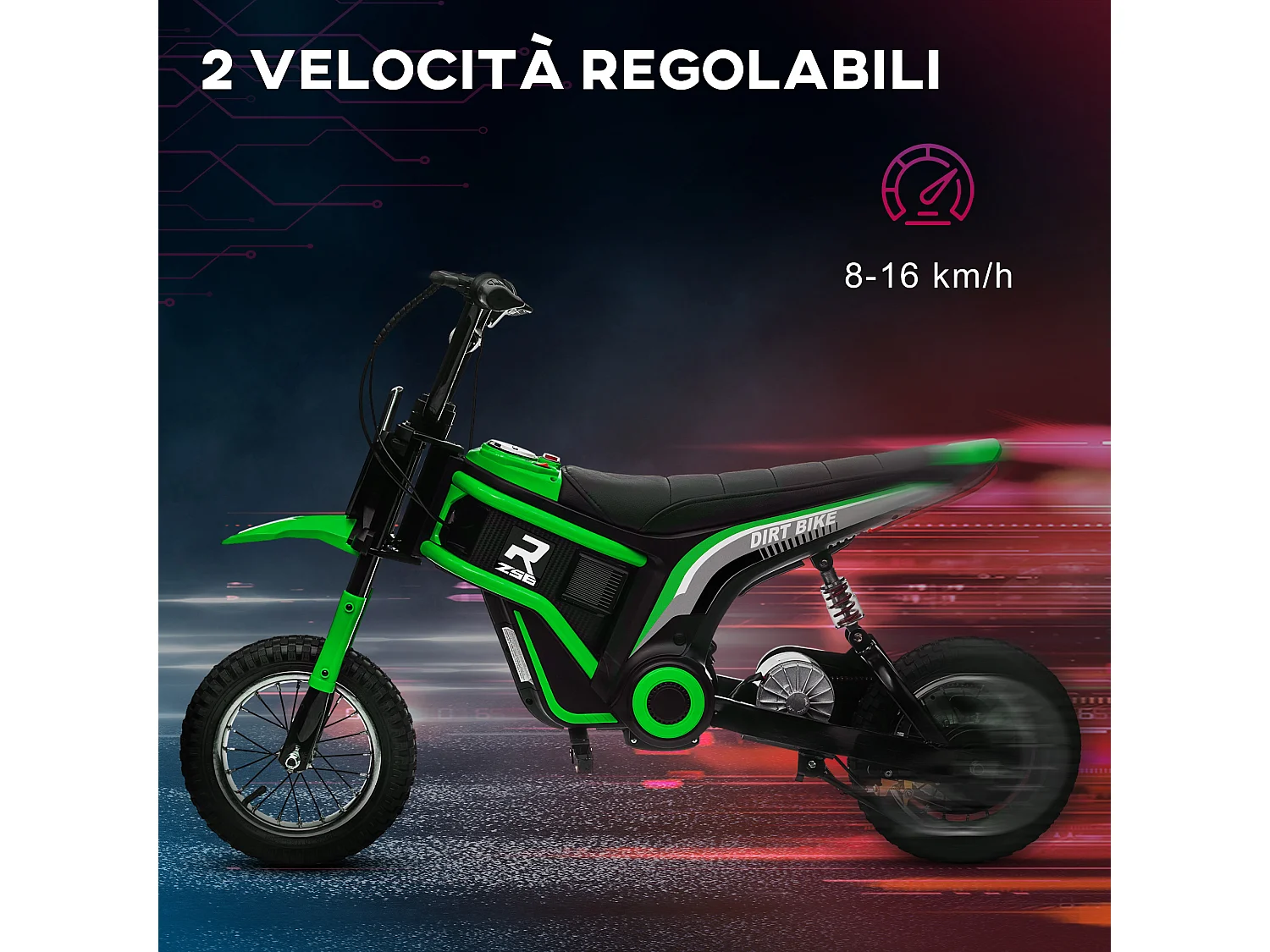 Moto elettrica per bambini 2 velocità 8-16km/h età 8-12 anni verde