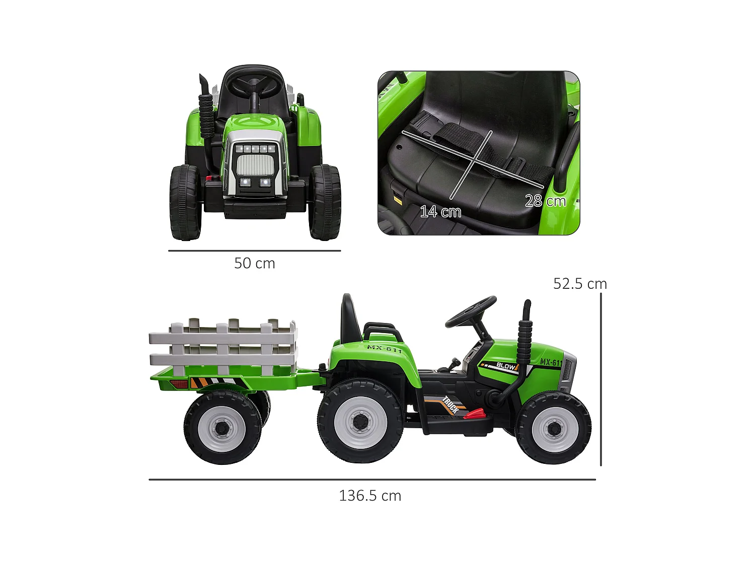 Trattore per bambini 12v con rimorchio e telecomando verde