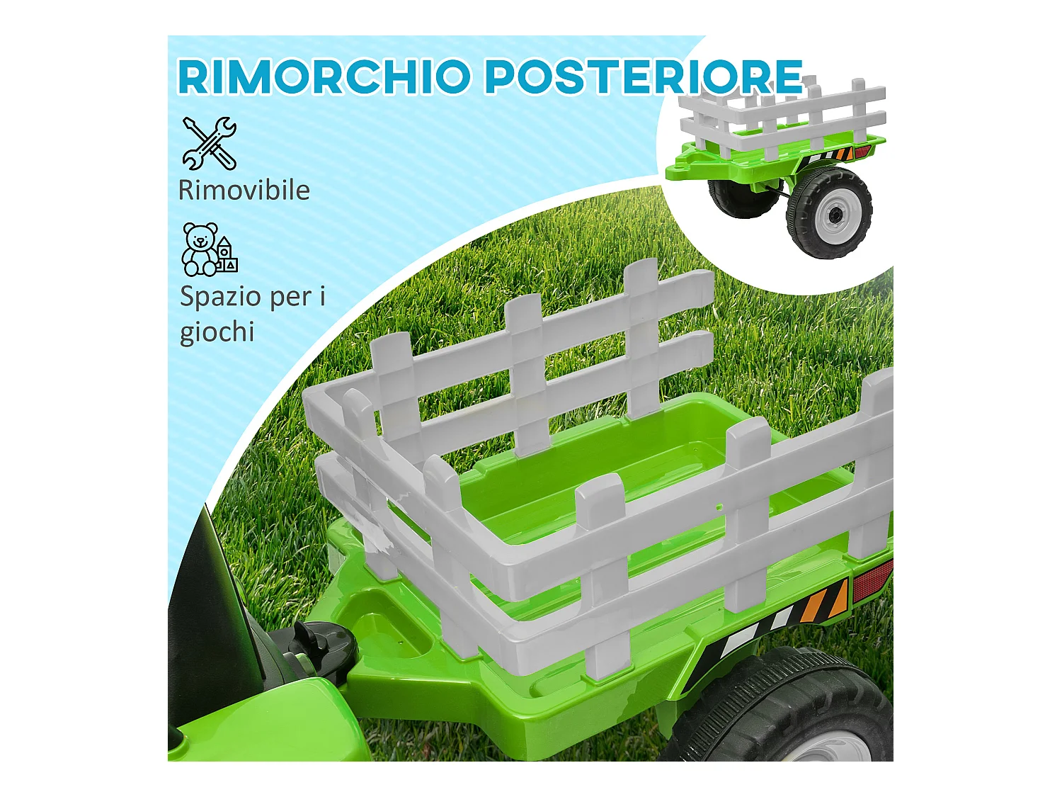 Trattore per bambini 12v con rimorchio e telecomando verde