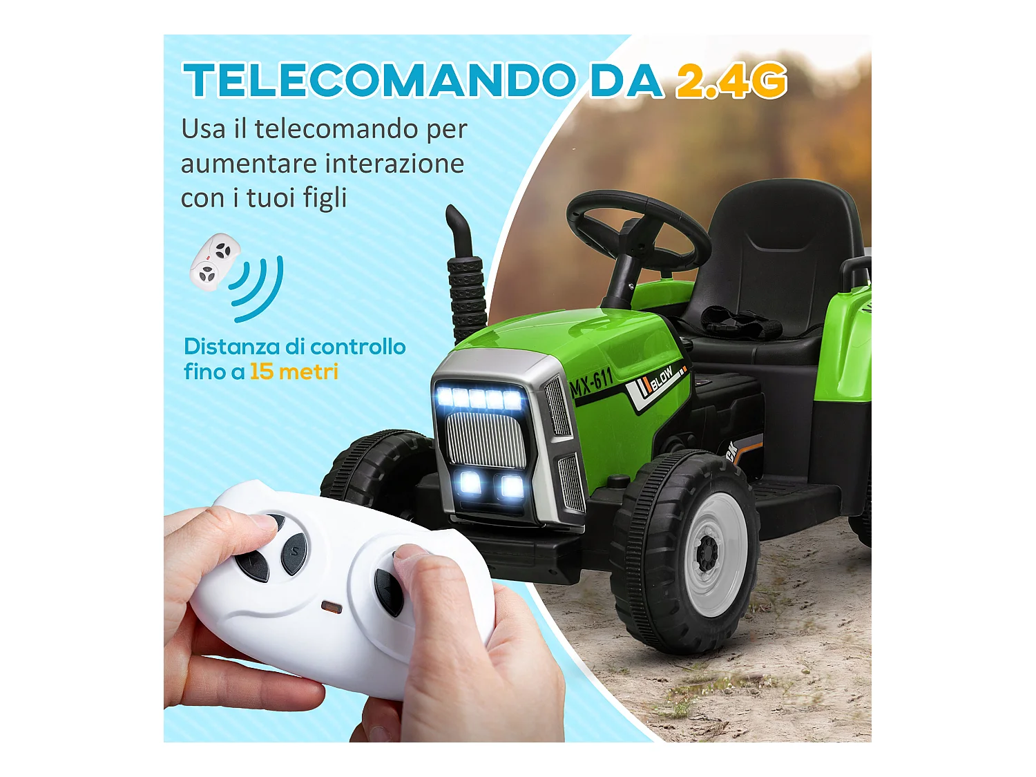 Trattore per bambini 12v con rimorchio e telecomando verde