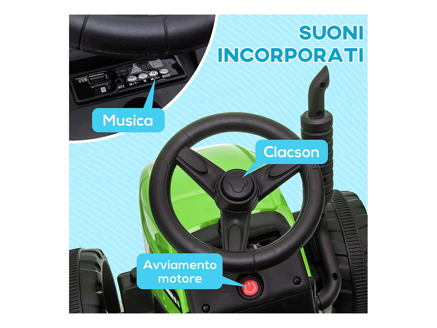 Trattore per bambini 12v con rimorchio e telecomando verde