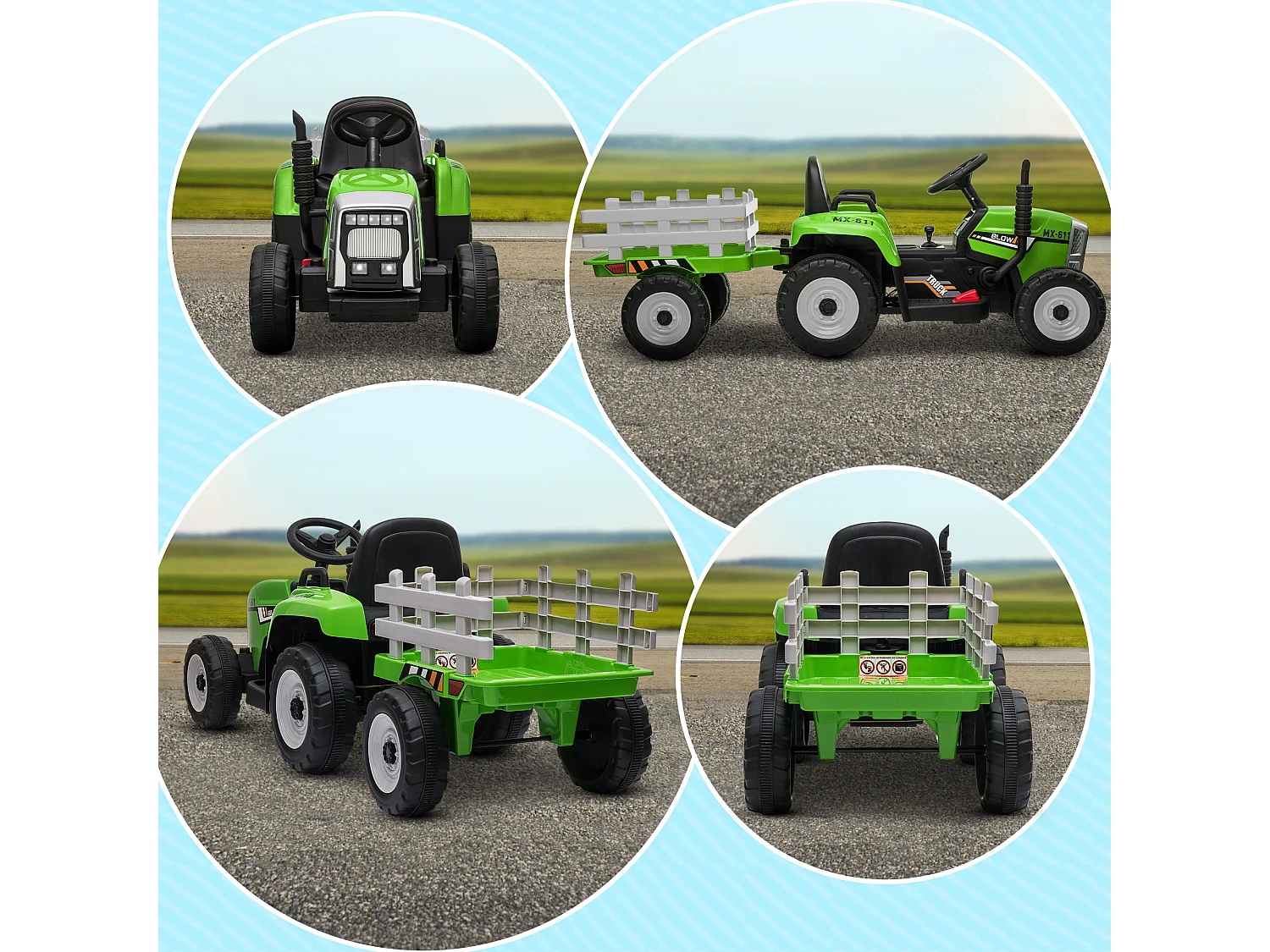 Trattore per bambini 12v con rimorchio e telecomando verde