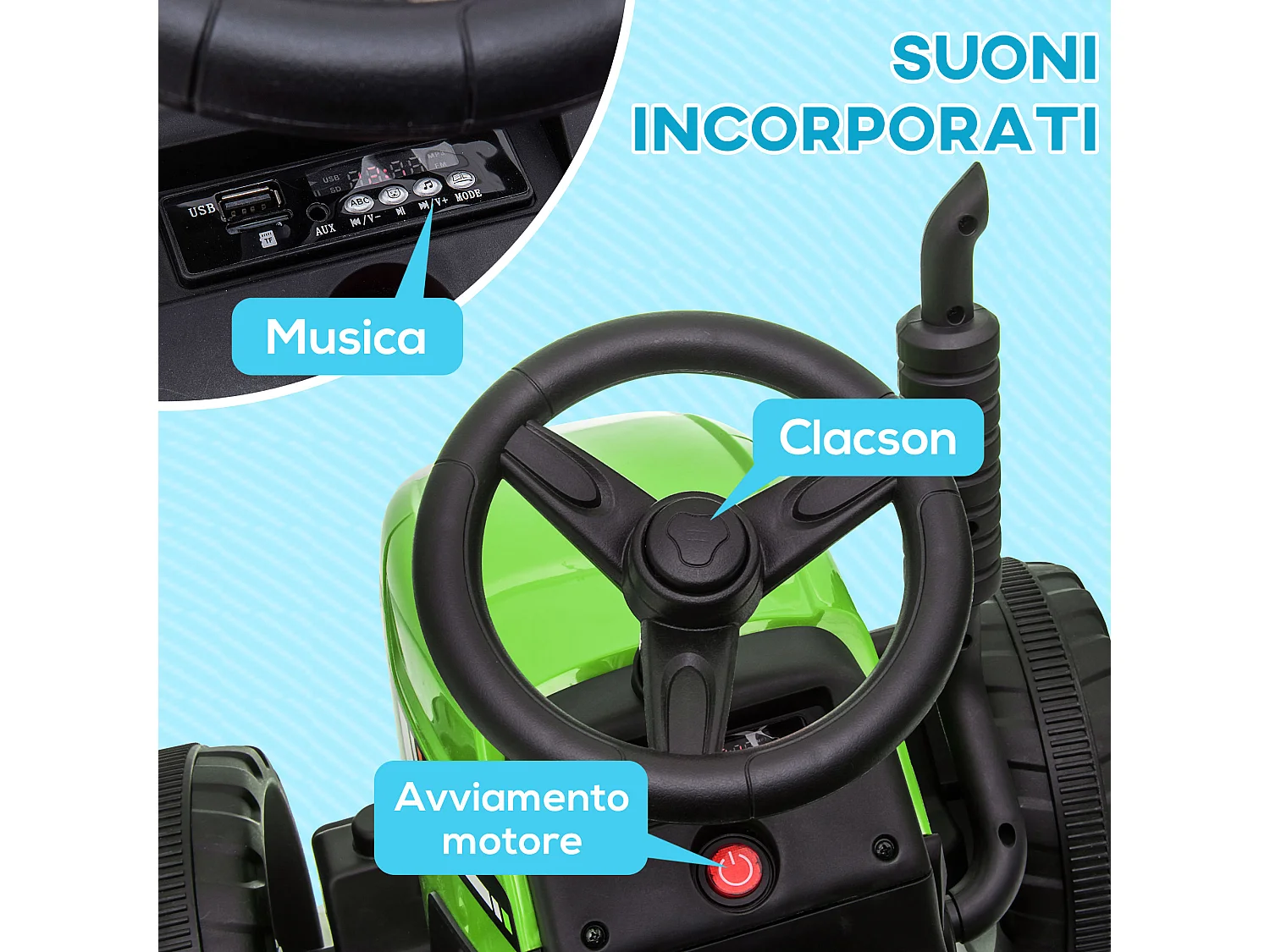 Trattore per bambini 12v con rimorchio e telecomando verde