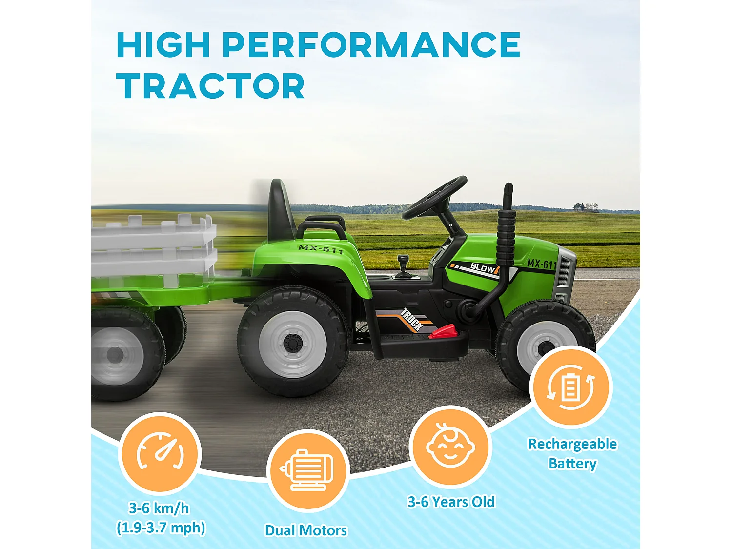 Trattore per bambini 12v con rimorchio e telecomando verde