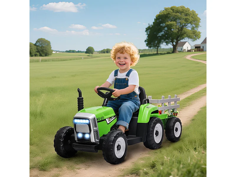 Trattore per bambini 12v con rimorchio e telecomando verde