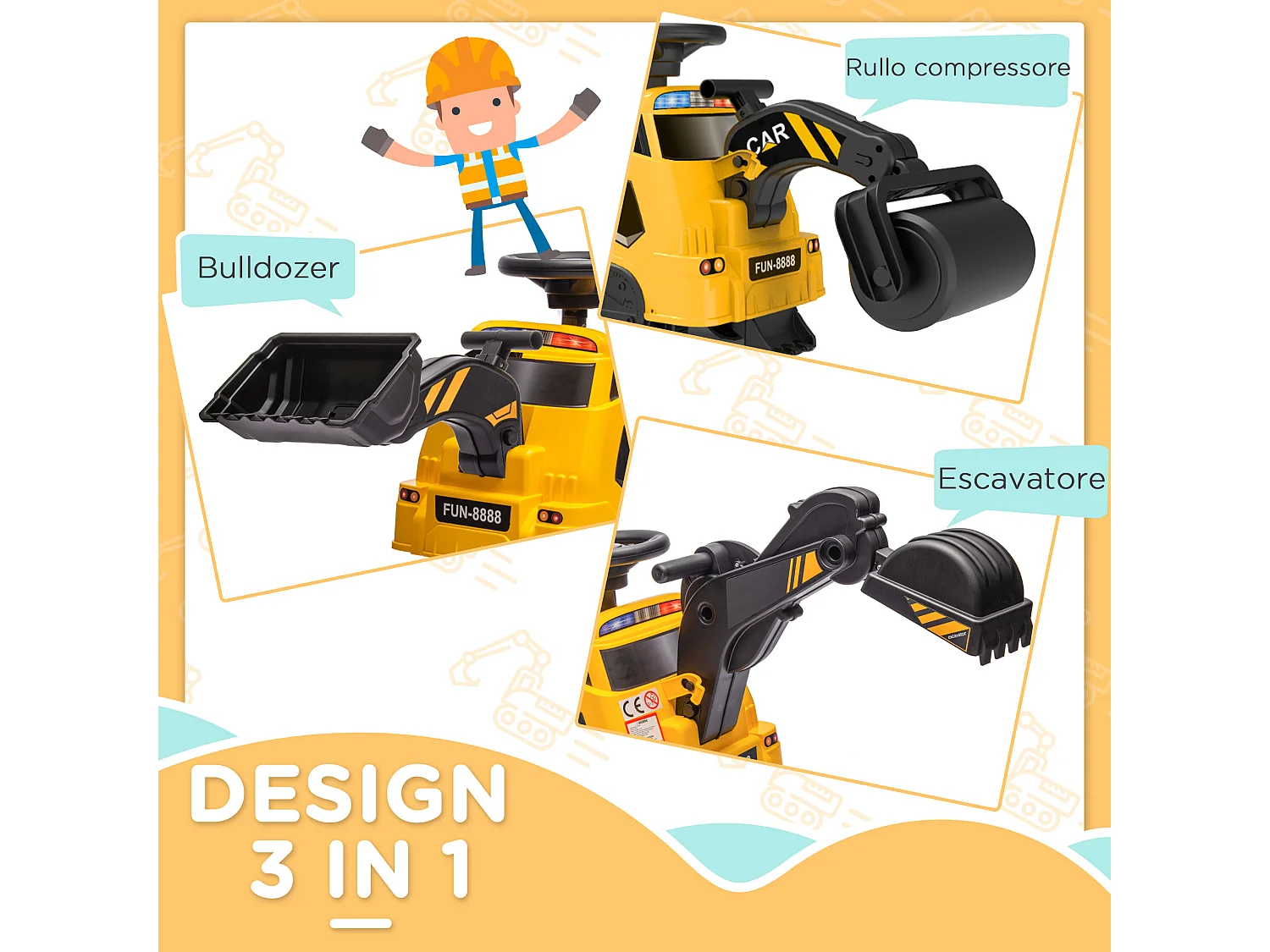 Ruspa giocattolo con volante e benna di scavo giallo e nero