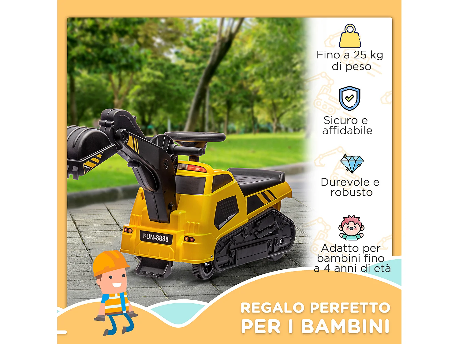 Ruspa giocattolo con volante e benna di scavo giallo e nero