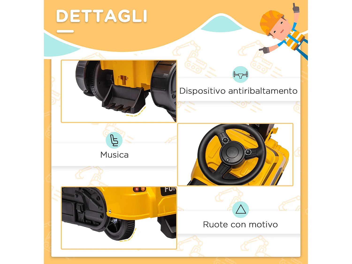 Ruspa giocattolo con volante e benna di scavo giallo e nero