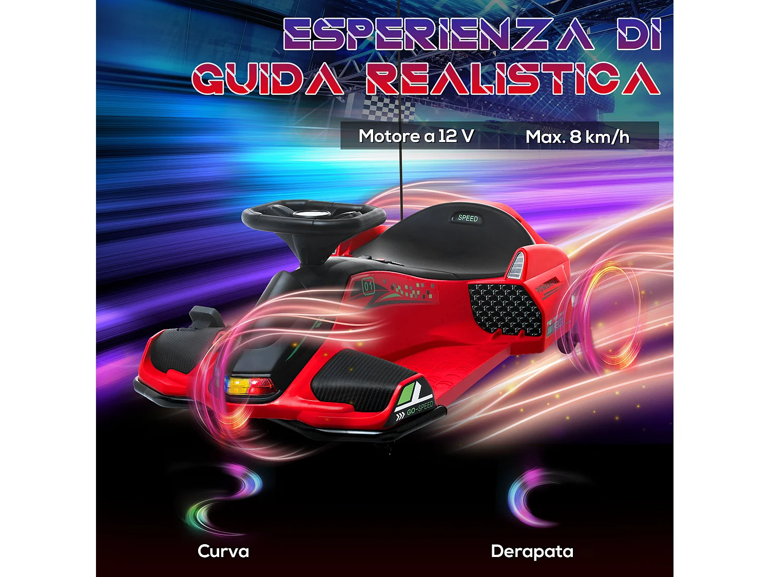 Go kart elettrico drift per bambini 8-12 anni velocità 3-8 km/h rosso