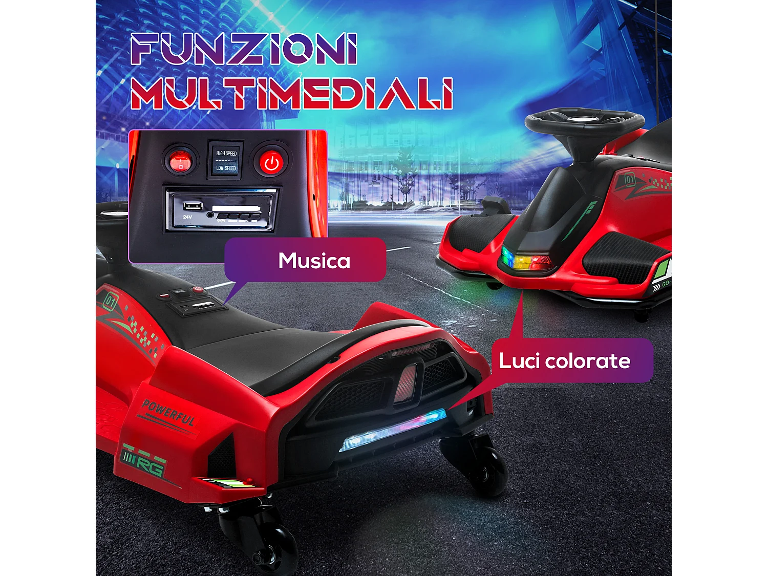 Go kart elettrico drift per bambini 8-12 anni velocità 3-8 km/h rosso