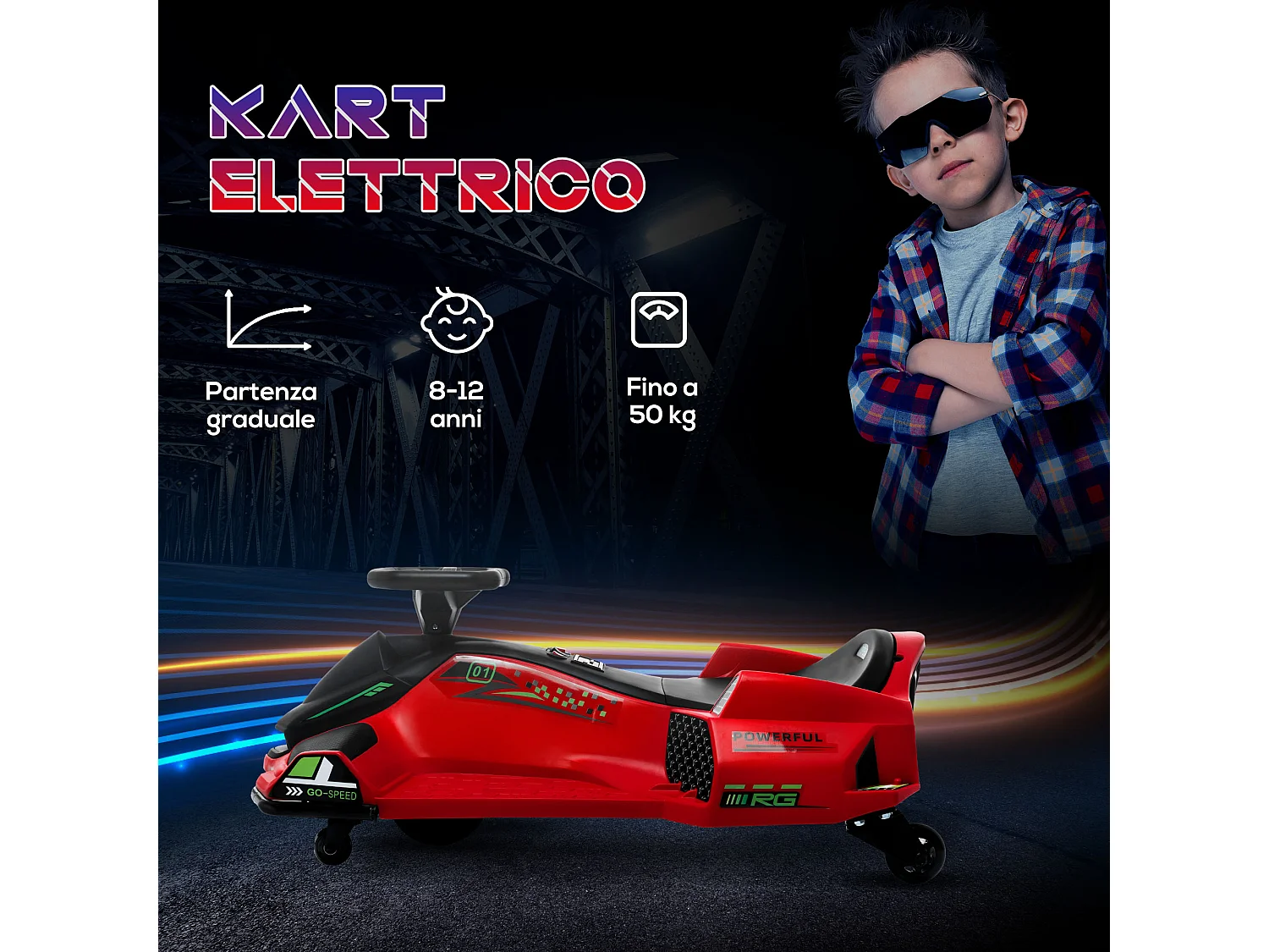 Go kart elettrico drift per bambini 8-12 anni velocità 3-8 km/h rosso