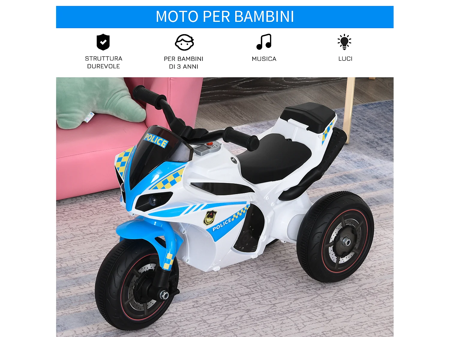 Moto giocattolo a 3 ruote per bambini 18-36 mesi stile polizia