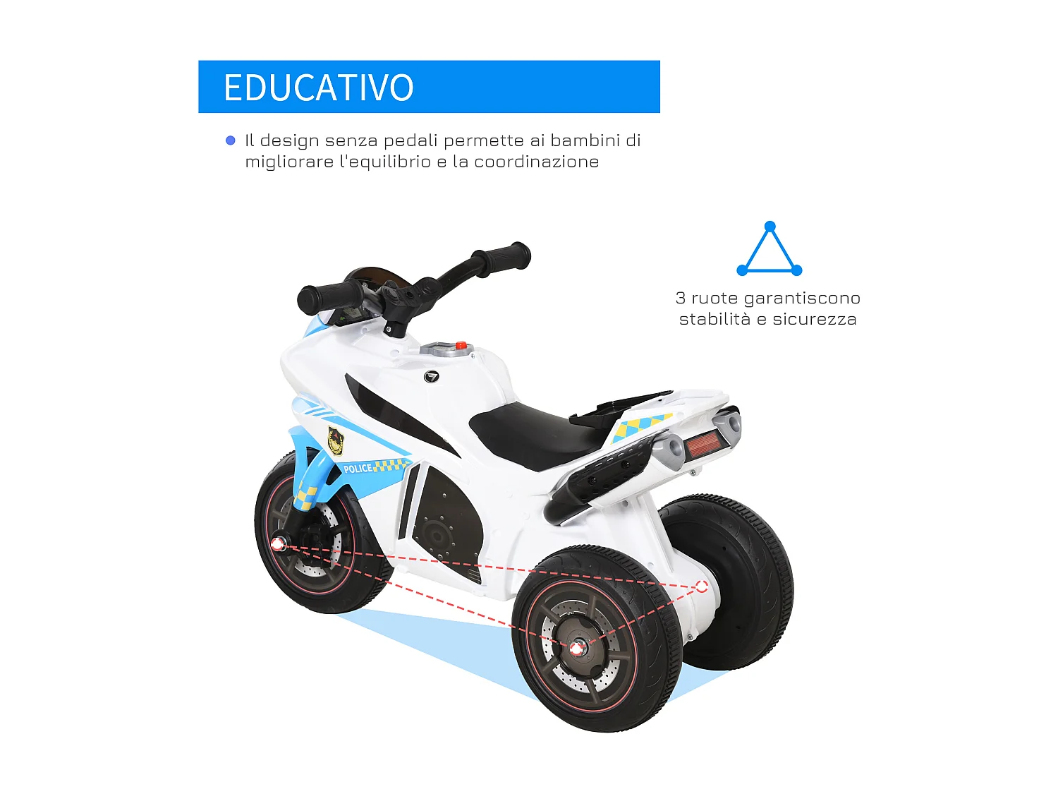 Moto giocattolo a 3 ruote per bambini 18-36 mesi stile polizia
