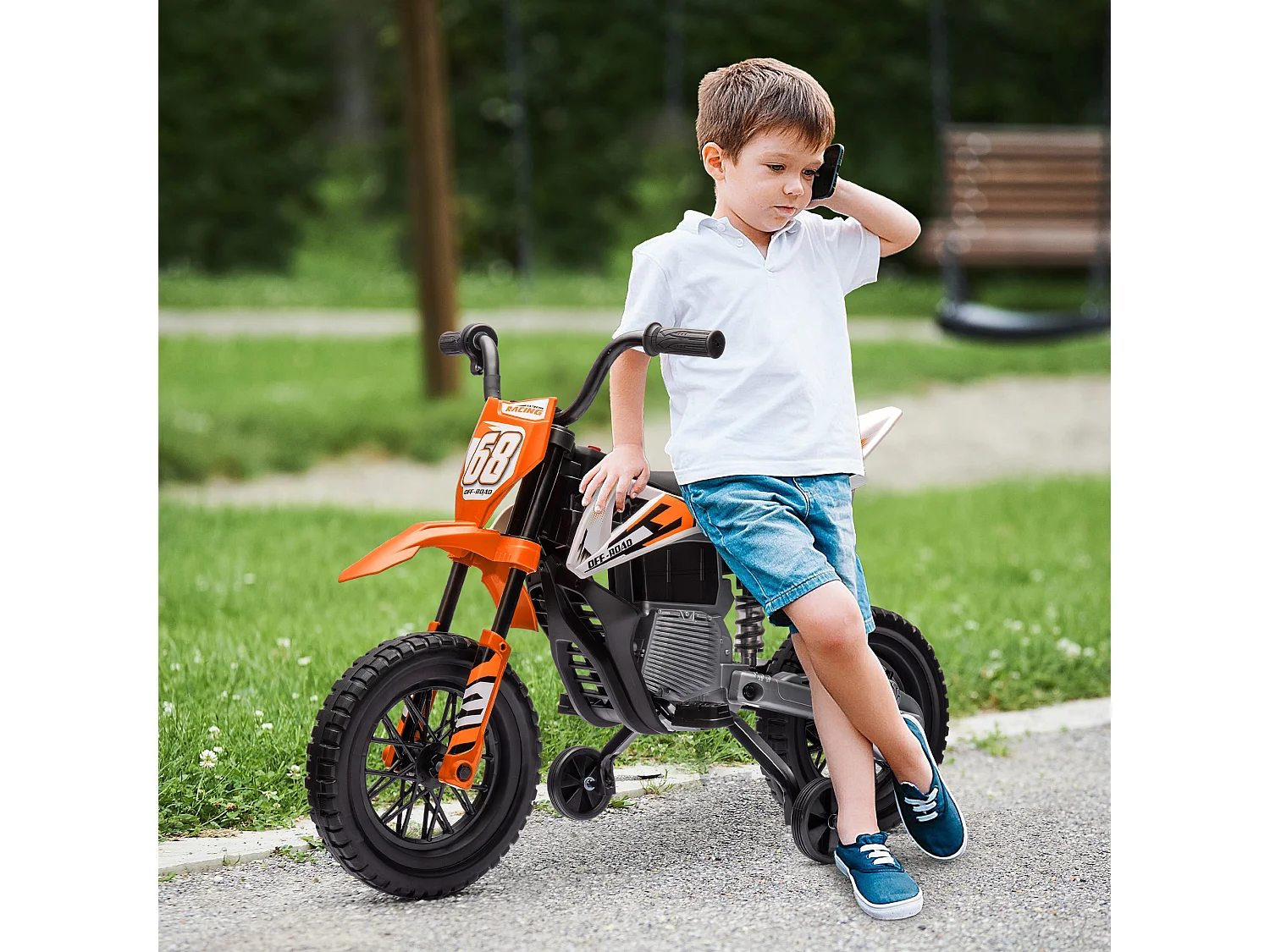 Moto elettrica per bambini con rotelle rimovibili e suoni arancione