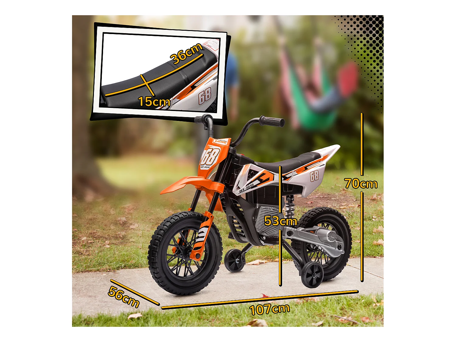 Moto elettrica per bambini con rotelle rimovibili e suoni arancione