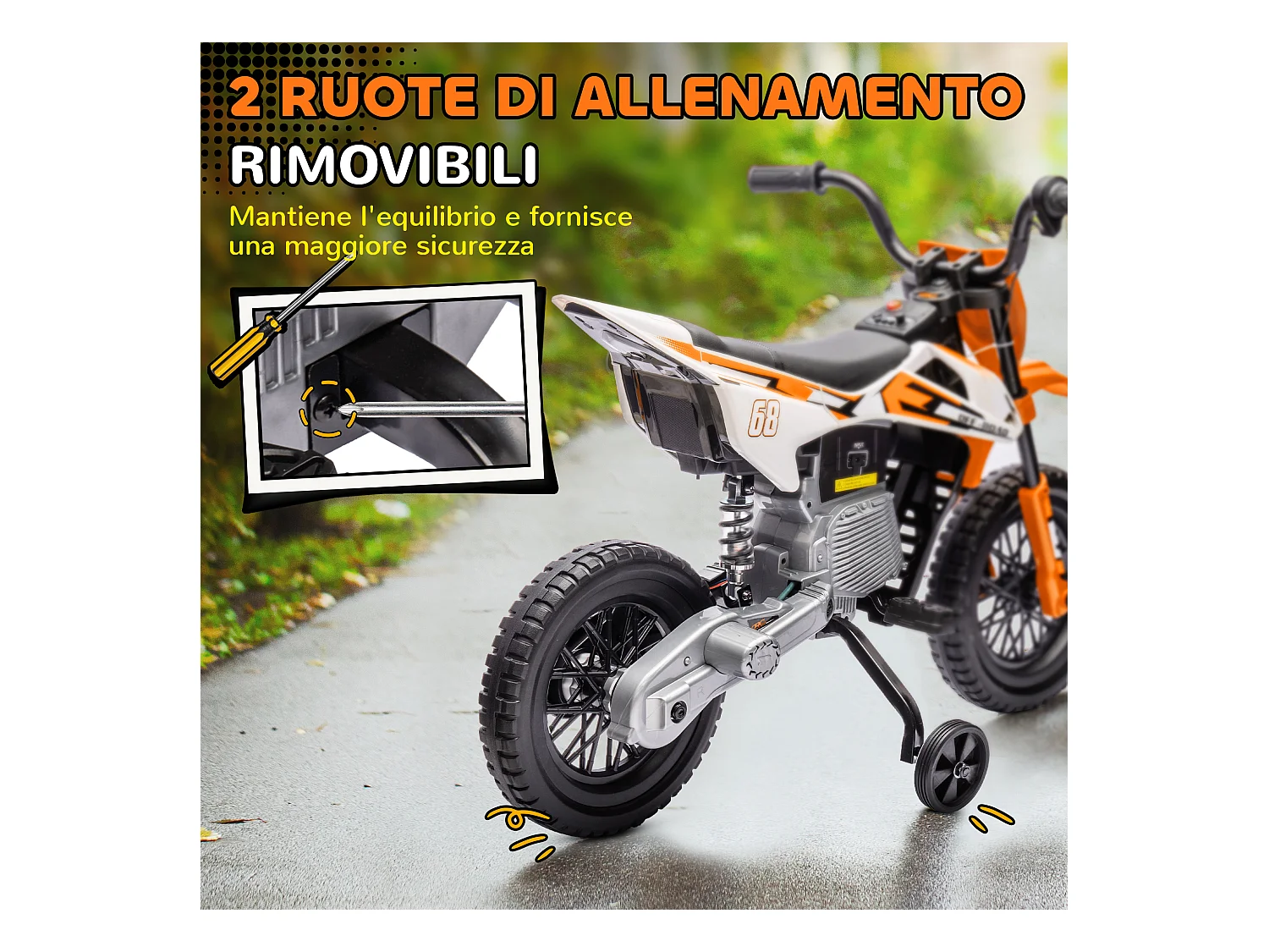 Moto elettrica per bambini con rotelle rimovibili e suoni arancione