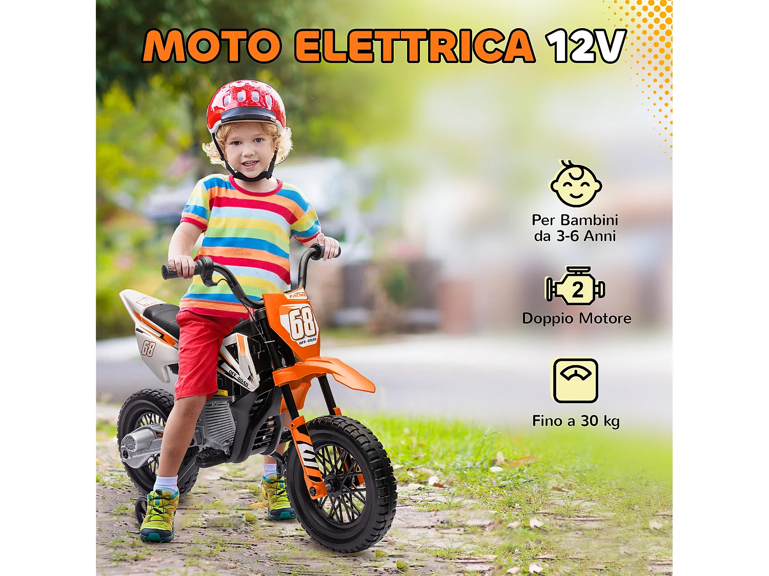 Moto elettrica per bambini con rotelle rimovibili e suoni arancione