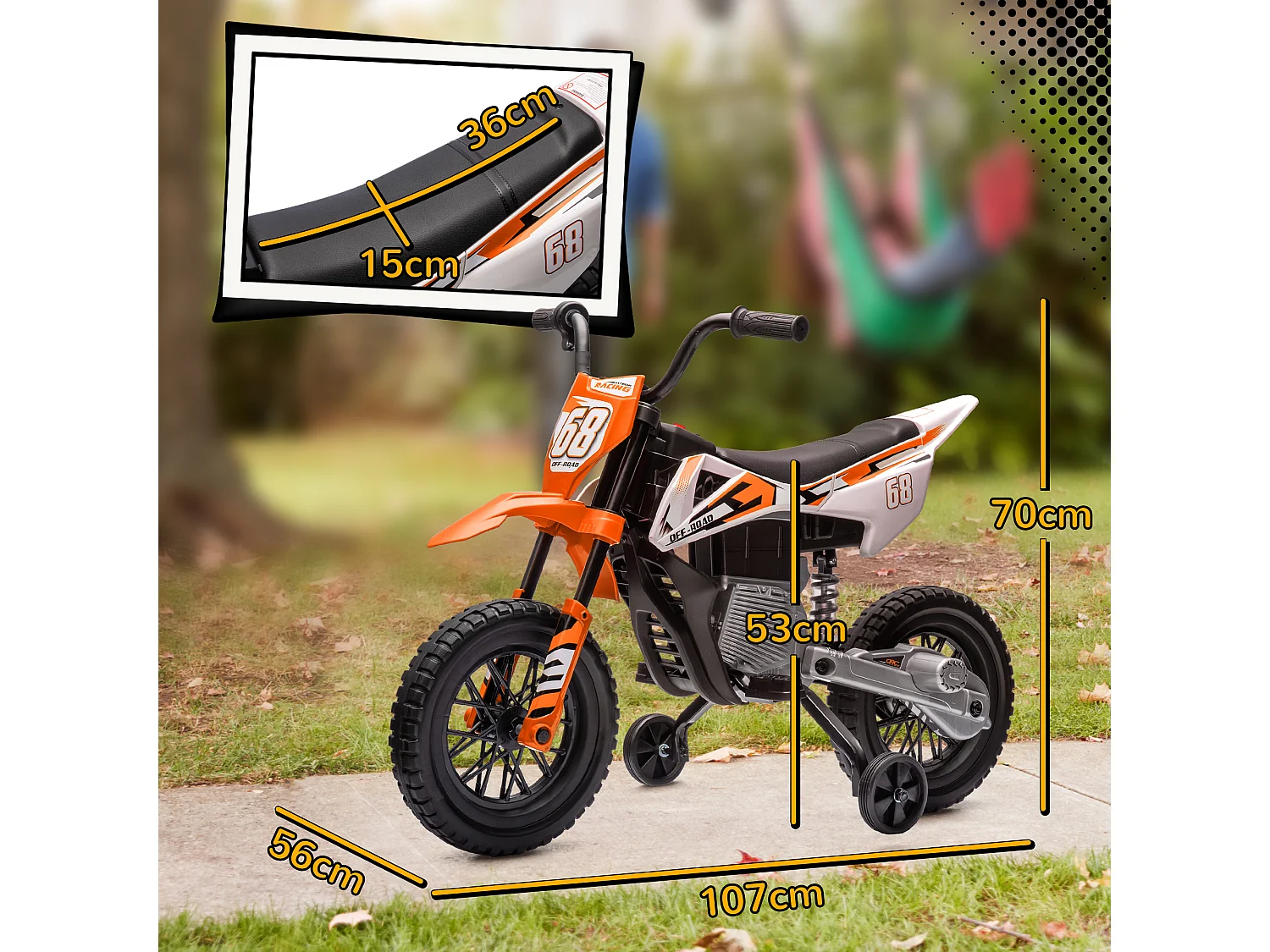 Moto elettrica per bambini con rotelle rimovibili e suoni arancione