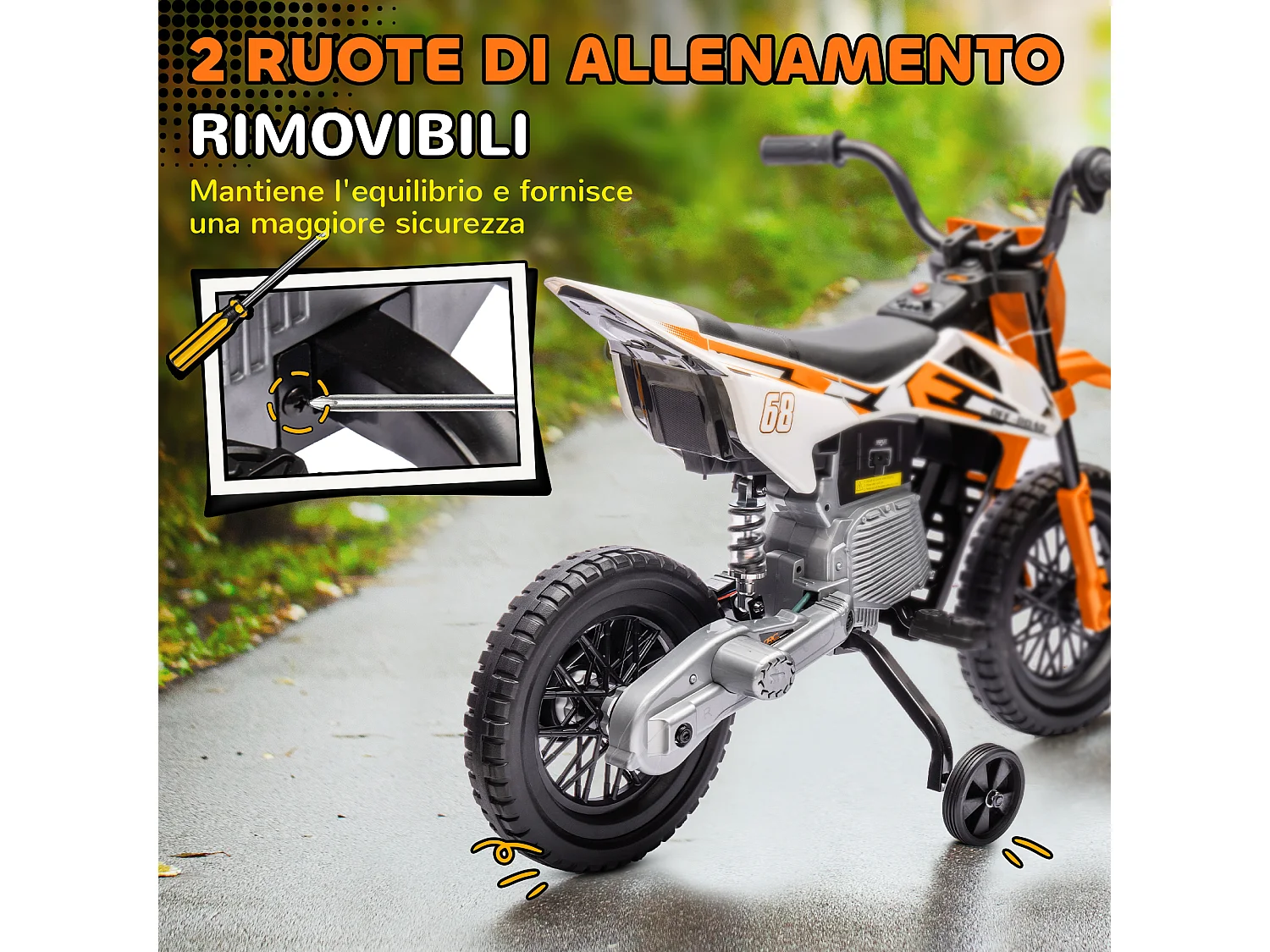 Moto elettrica per bambini con rotelle rimovibili e suoni arancione